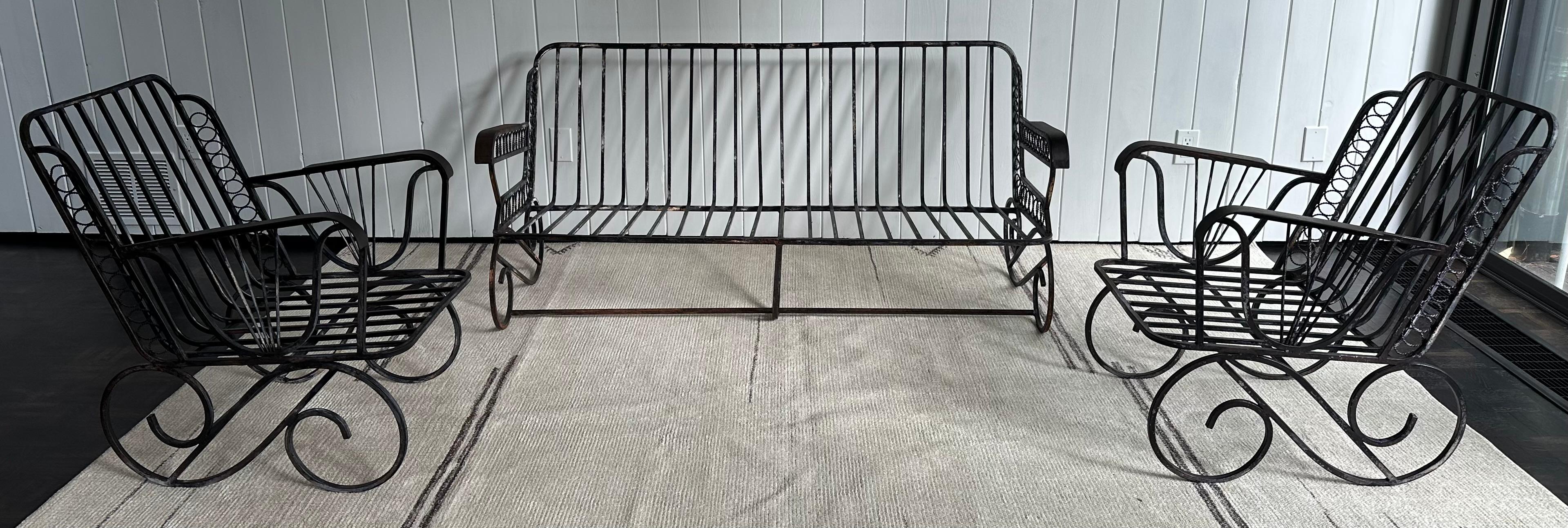 Art Deco Set of 3 Wrought Iron Deco Style Sofa & Chairs Garden Furniture Set For Sale
