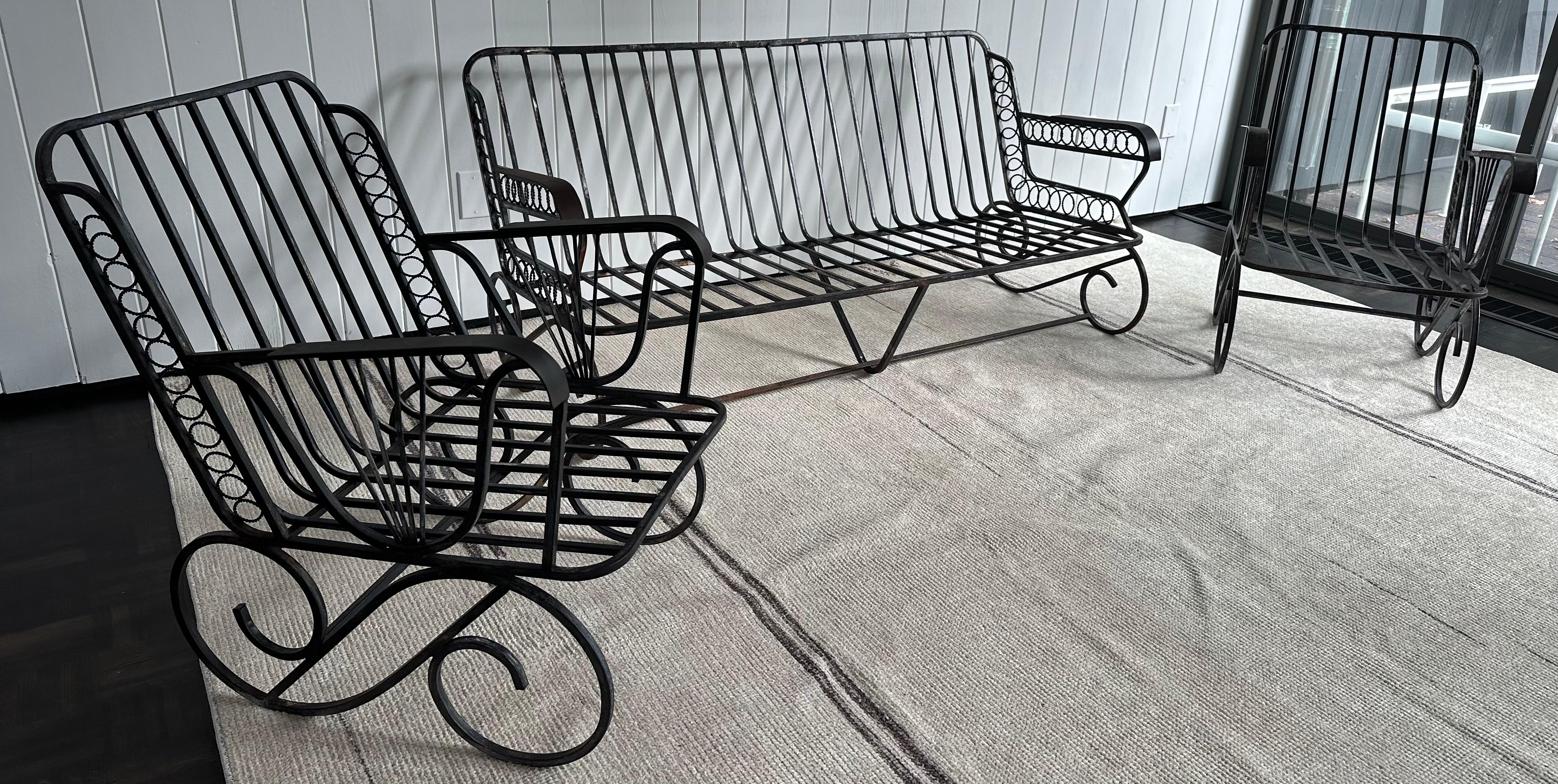 American Set of 3 Wrought Iron Deco Style Sofa & Chairs Garden Furniture Set For Sale