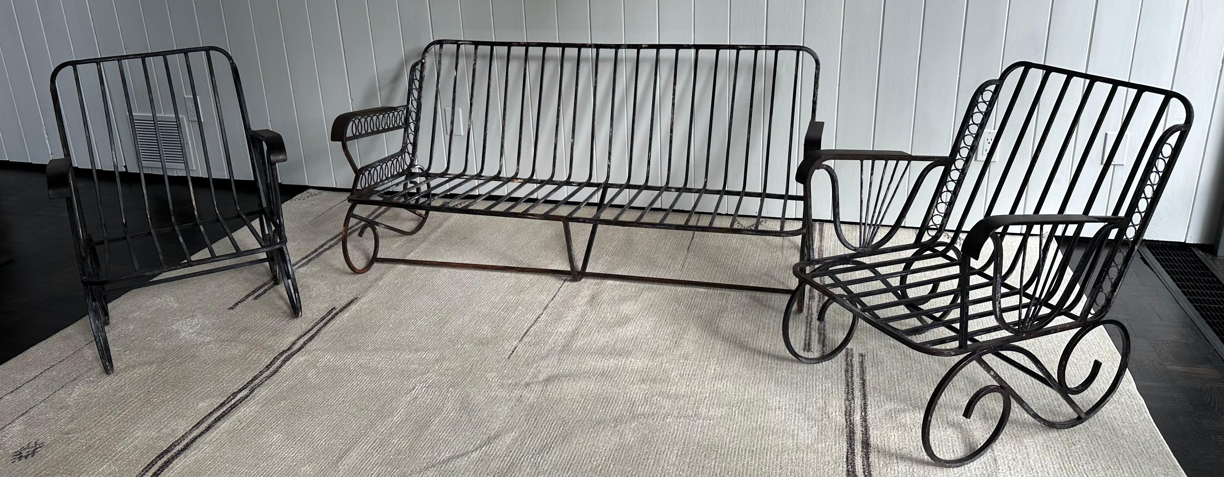 Set of 3 Wrought Iron Deco Style Sofa & Chairs Garden Furniture Set In Good Condition For Sale In Sheffield, MA