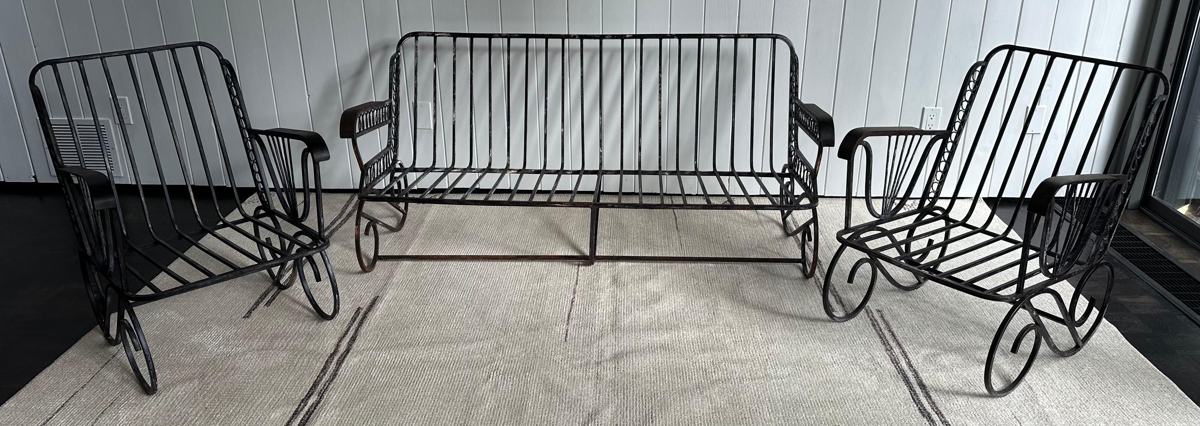 Mid-20th Century Set of 3 Wrought Iron Deco Style Sofa & Chairs Garden Furniture Set For Sale