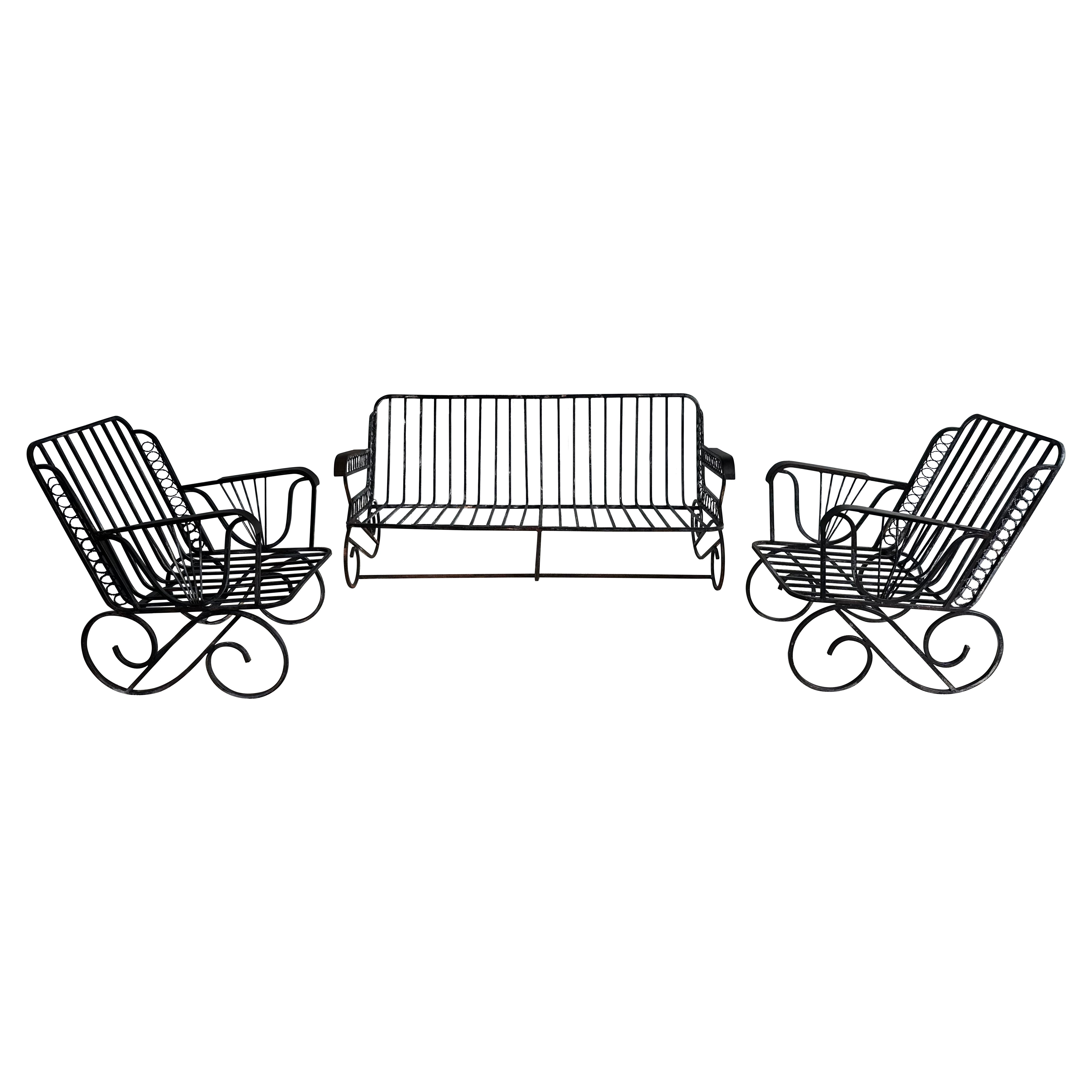 Set of 3 Wrought Iron Deco Style Sofa & Chairs Garden Furniture Set For Sale