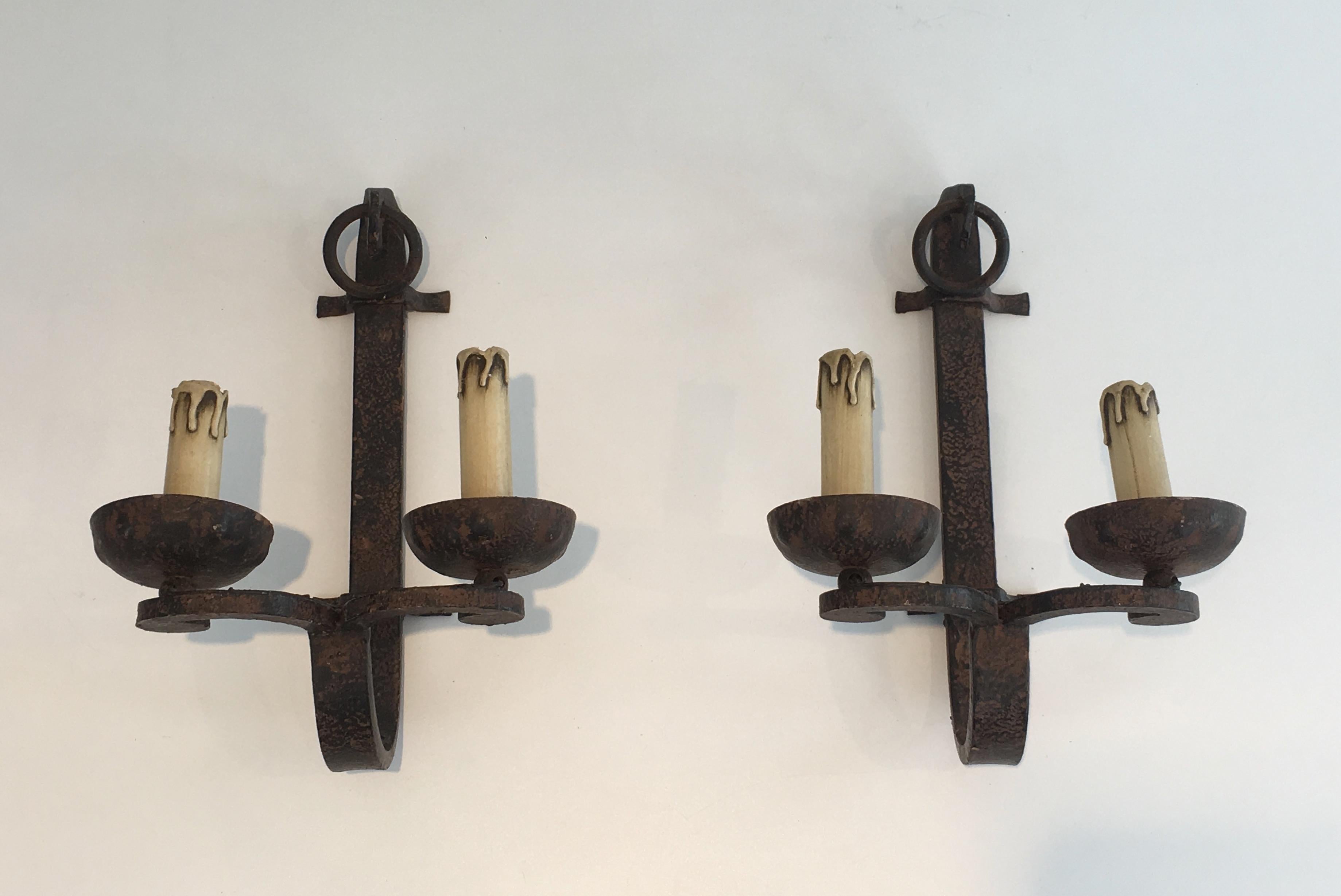 Set of 3 Wrought Iron Sconces, French, circa 1950, Can Also Be Sold Per Unit For Sale 10