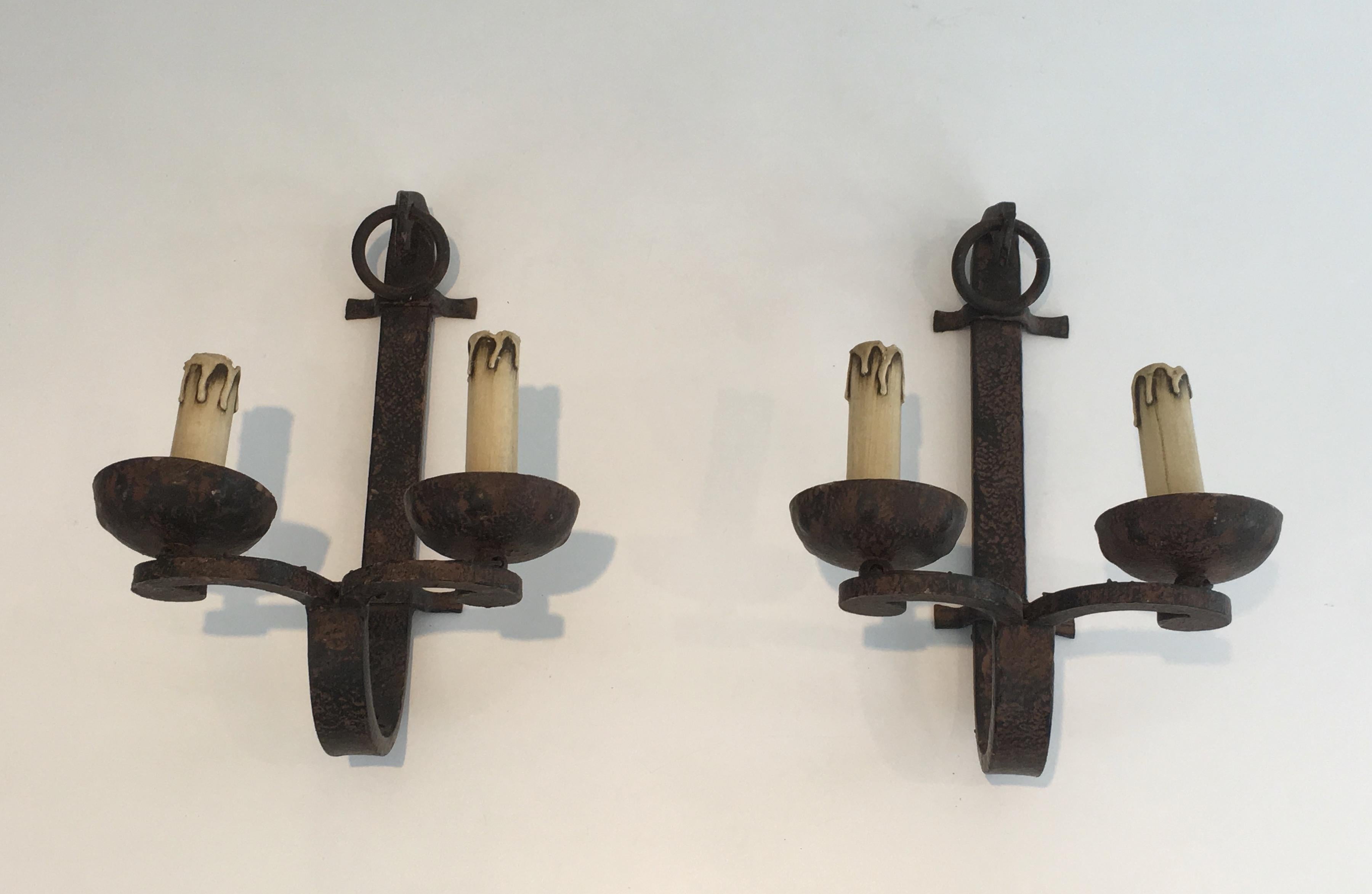 Set of 3 Wrought Iron Sconces, French, circa 1950, Can Also Be Sold Per Unit For Sale 12