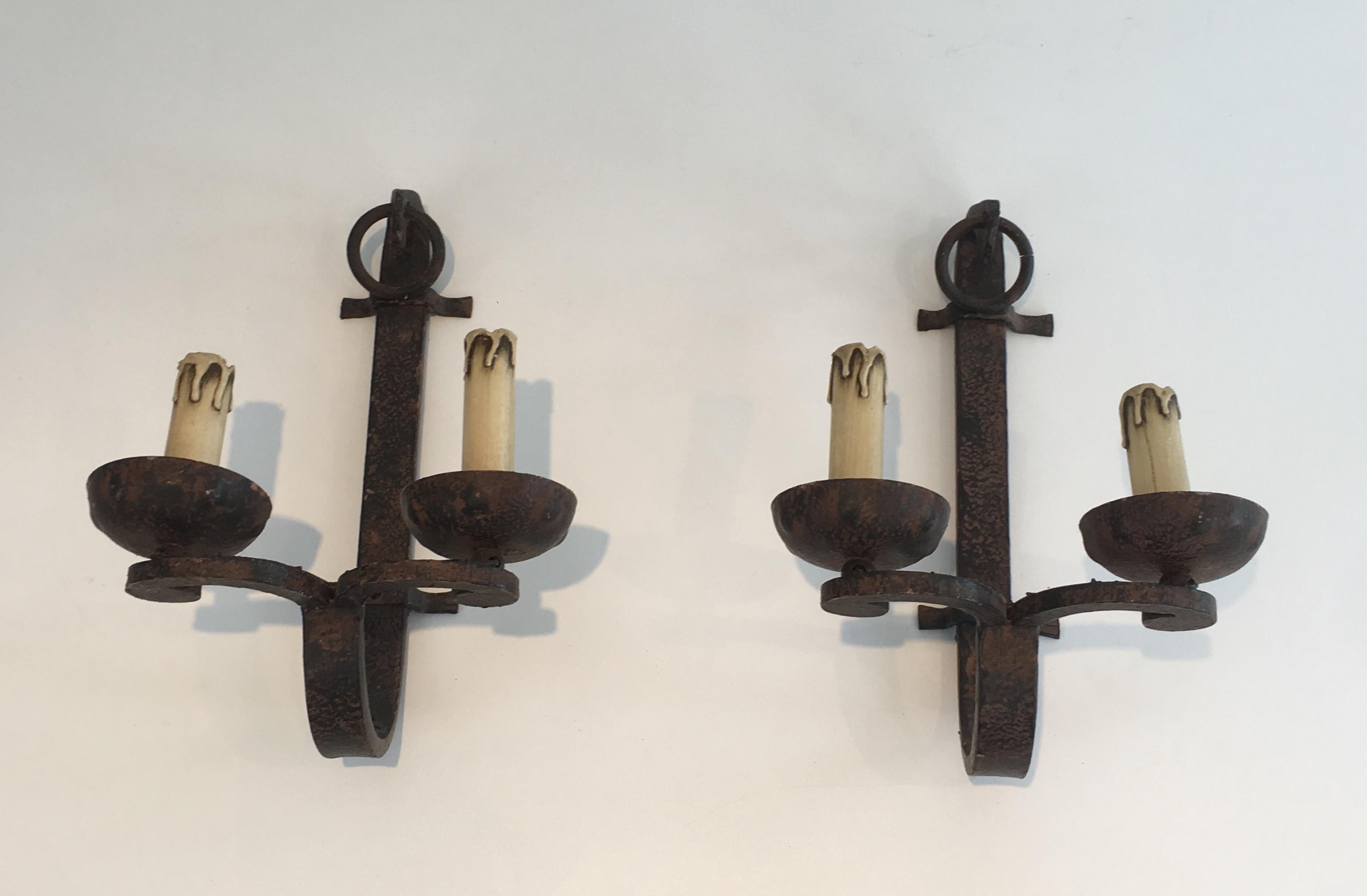 Gothic Set of 3 Wrought Iron Sconces, French, circa 1950, Can Also Be Sold Per Unit For Sale