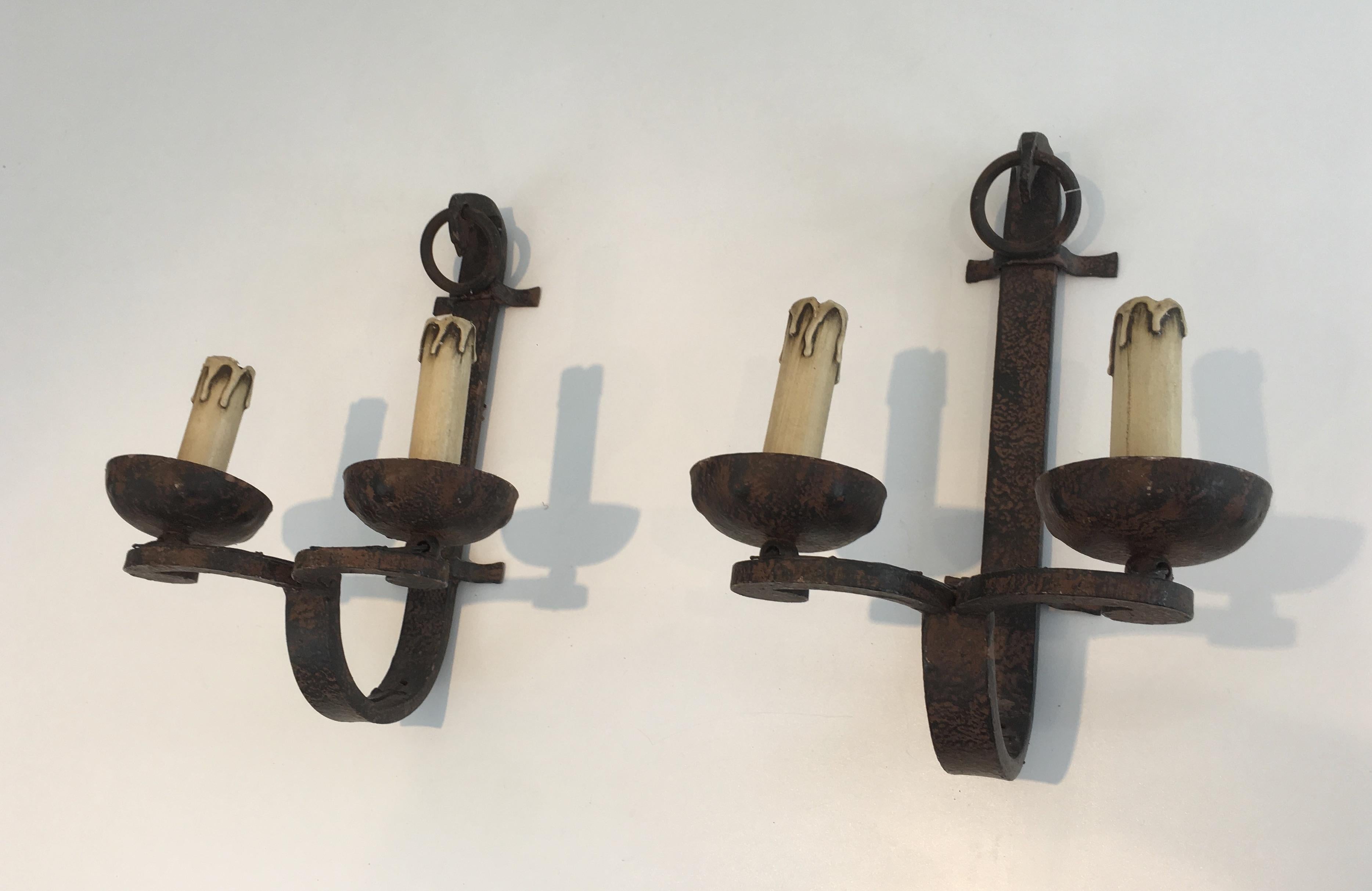 Mid-20th Century Set of 3 Wrought Iron Sconces, French, circa 1950, Can Also Be Sold Per Unit For Sale