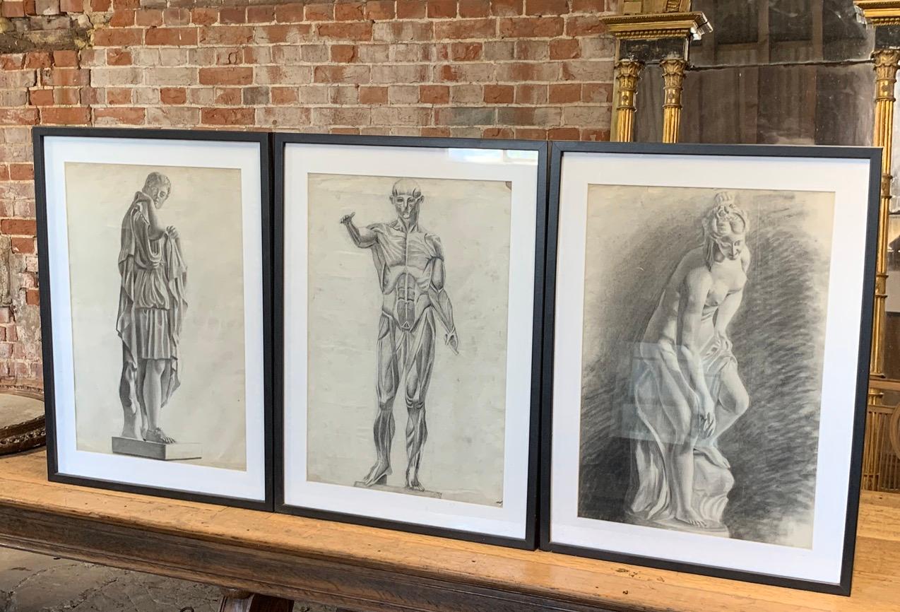 A lovely set of 3 x antique charcoal drawings in later frames. Circa 1900.