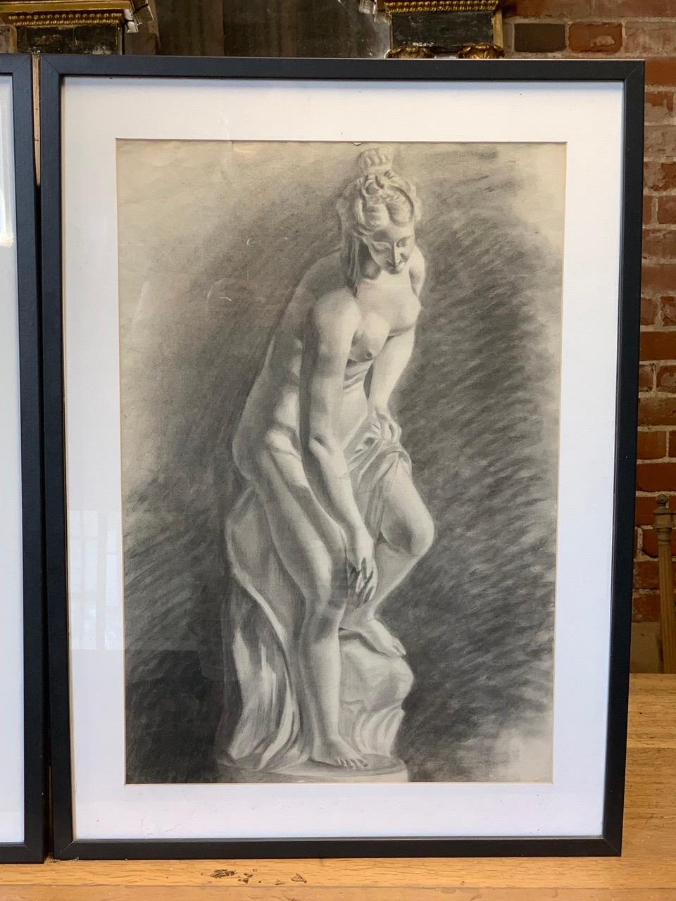 Hand-Crafted Set of 3 x 19th Century Charcoal Drawings For Sale