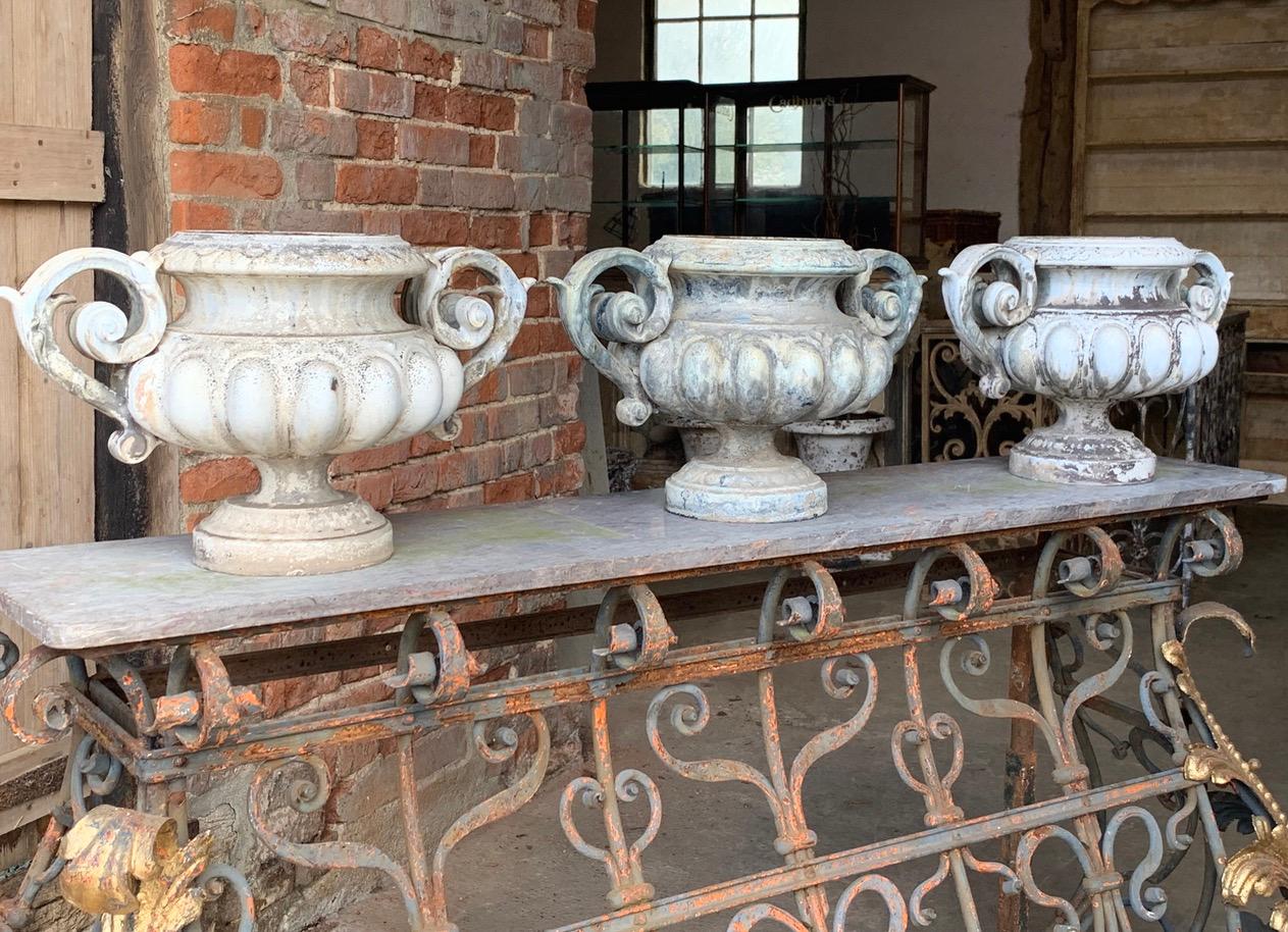Iron Set of 3 x 19th Century French Enamelled Urns For Sale