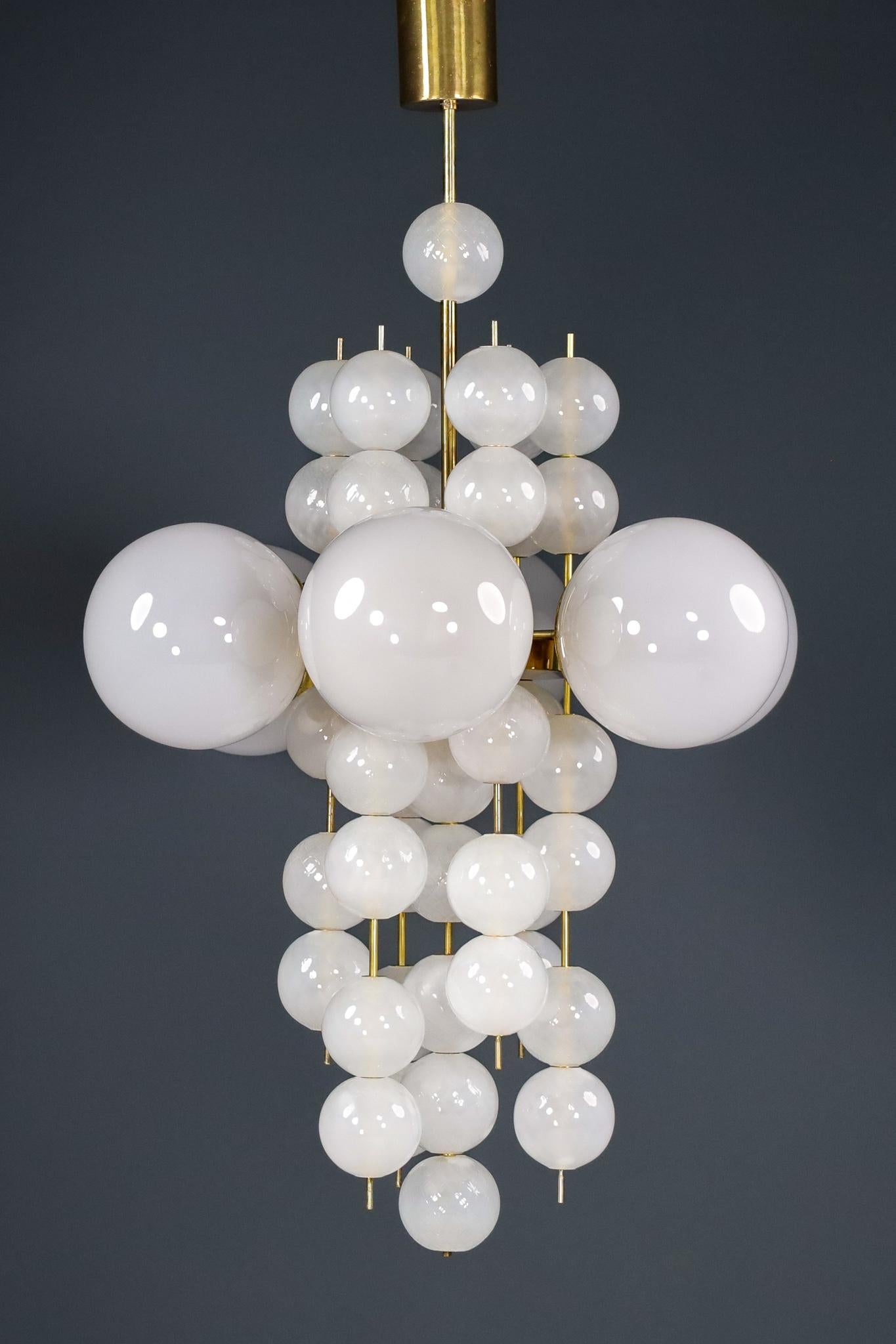 Mid-Century Modern Set of 3 XL Hotel Chandeliers with Brass Fixture and Hand-Blowed Glass Globes
