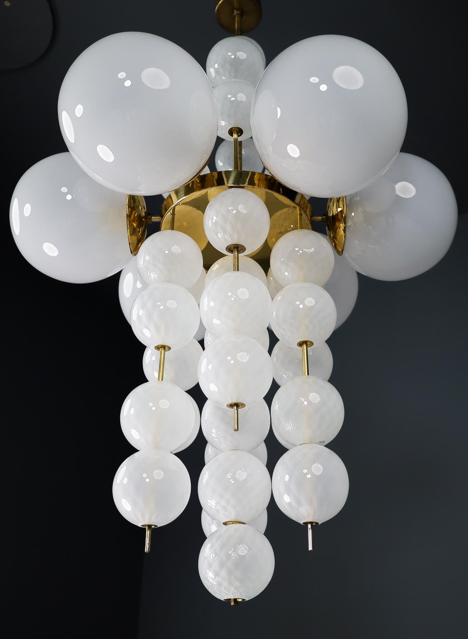 Czech Set of 3 XL Hotel Chandeliers with Brass Fixture and Hand-Blowed Glass Globes