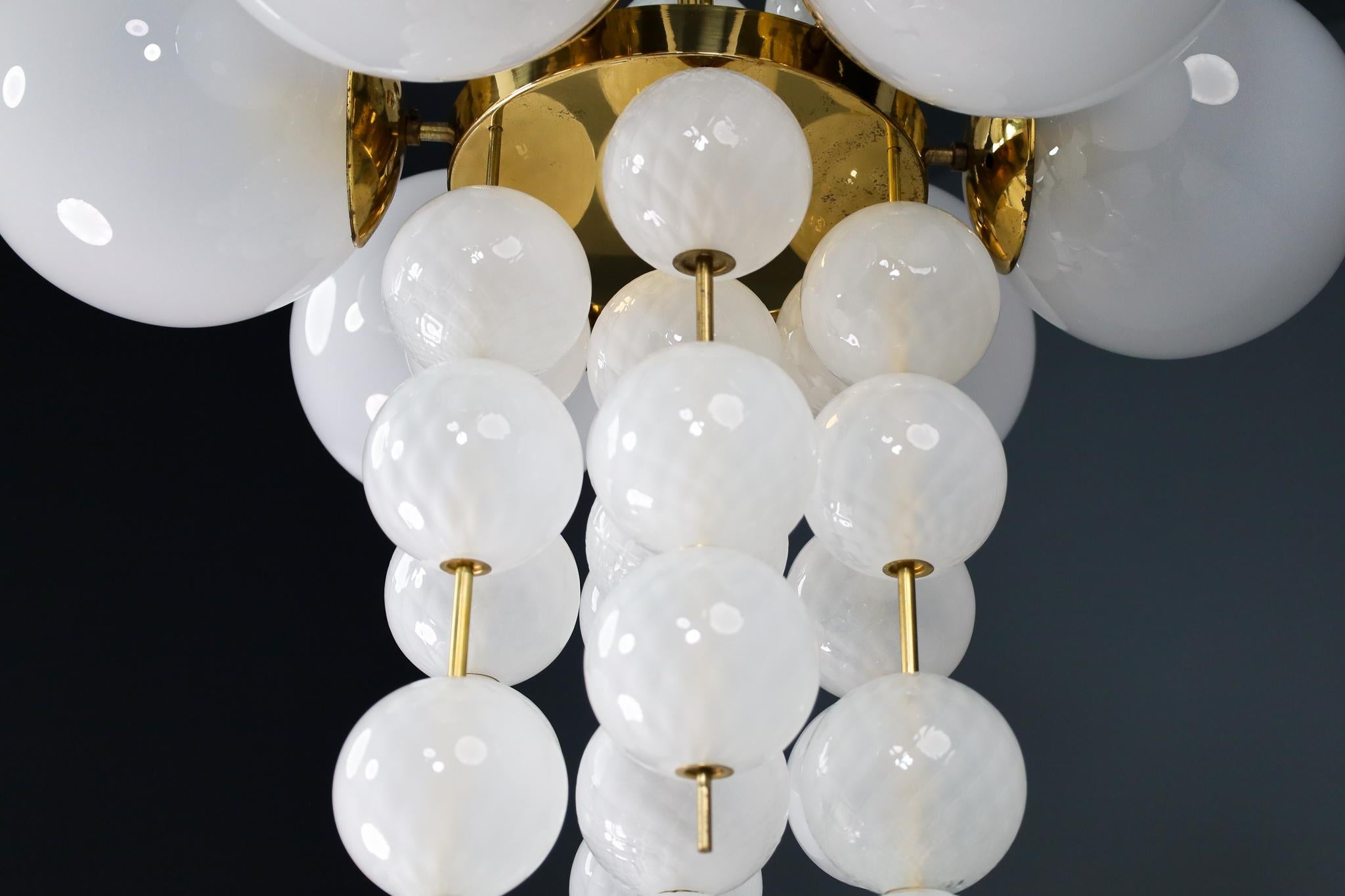 Late 20th Century Set of 3 XL Hotel Chandeliers with Brass Fixture and Hand-Blowed Glass Globes