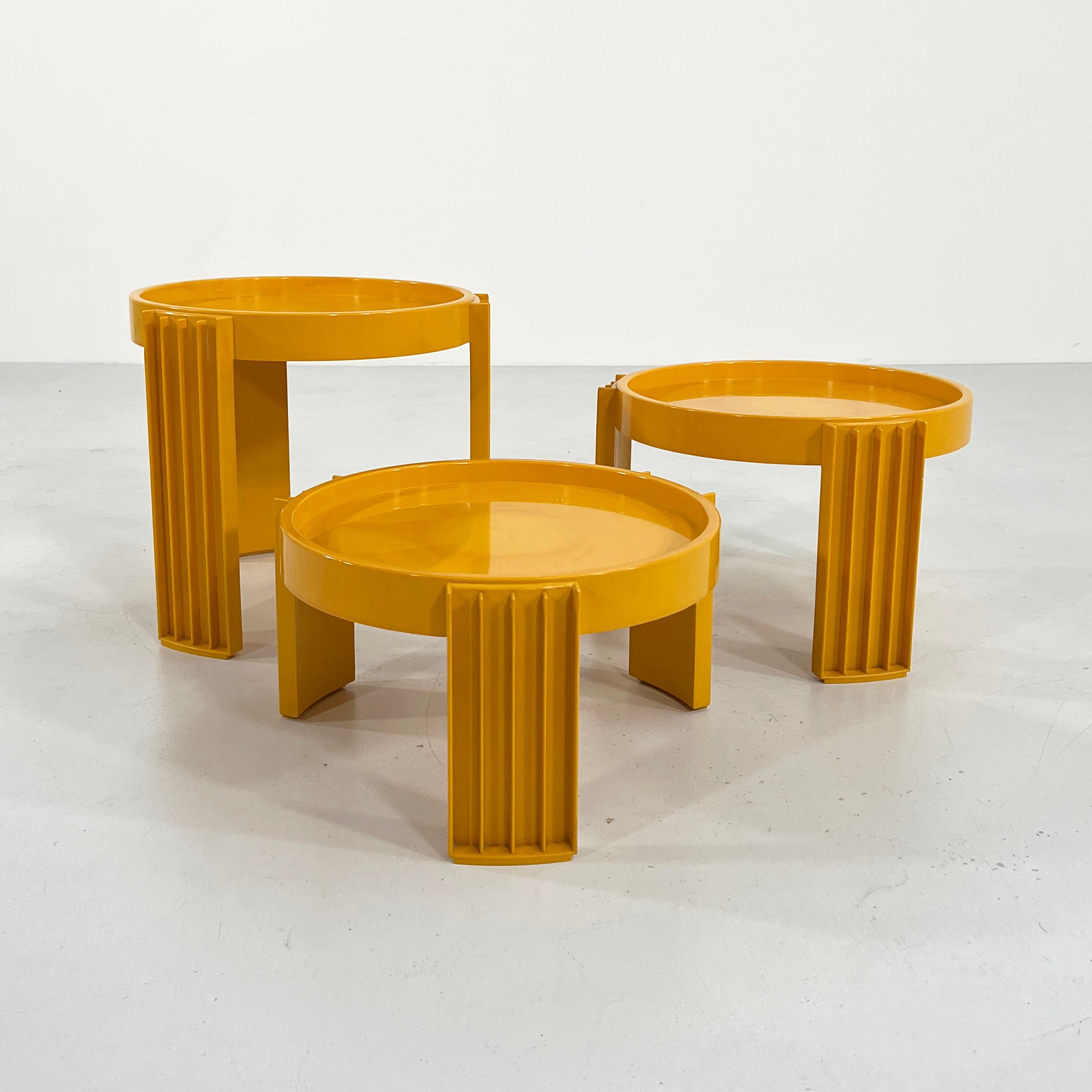 Designer - Gianfranco Frattini
Producer - Cassina 
Model - marema stacking tables
Design Period - Sixties
Measurements - width 43 cm x depth 43 cm x height 38 cm 
Materials - Plastic
Color - Yellow

Condition - Good 
Comments - Light wear