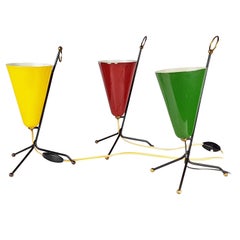 Set of 3 Yellow Red Green Cone Shade 1950s Table Lamps