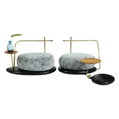 Set di 3 sgabelli Zen Stone 'A, B & C' con accenti in ottone e teak di Misaya