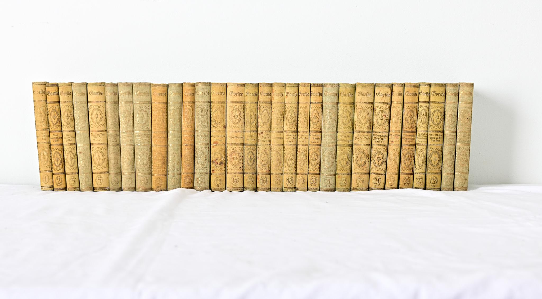 A fabulous collection of thirty (30) volumes by German playwright and poet Johann Wolfgang von Goethe, printed in 1922. This set of Goethe’s Werkes is clothbound with gold lettering, the once Kelly green covers faded to pistachio on the spines.