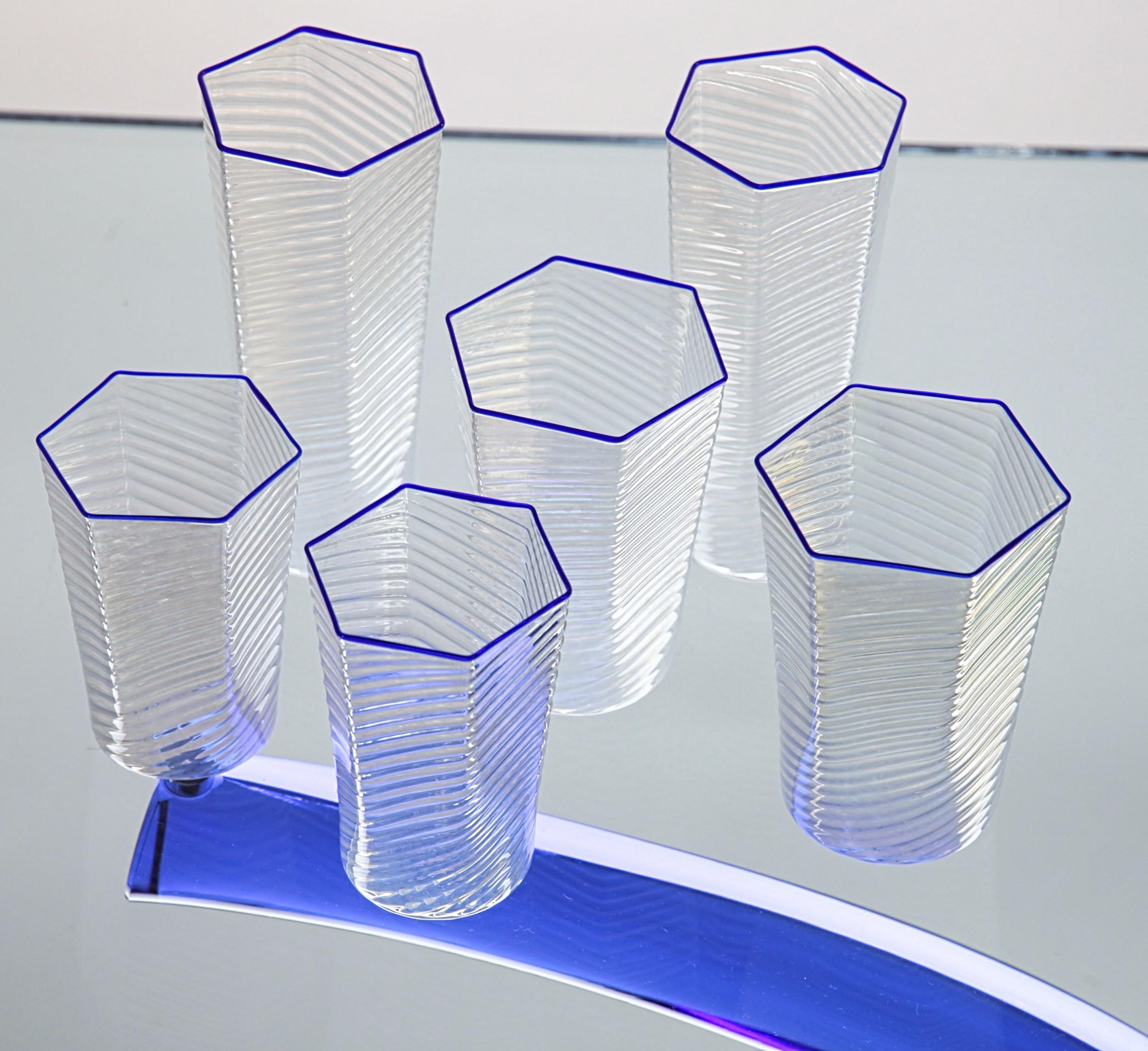 Set of 30 Hexagonal Opaline Glasses, Blue Cobalt Rim, Carlo Scarpa, 1932 Design 3