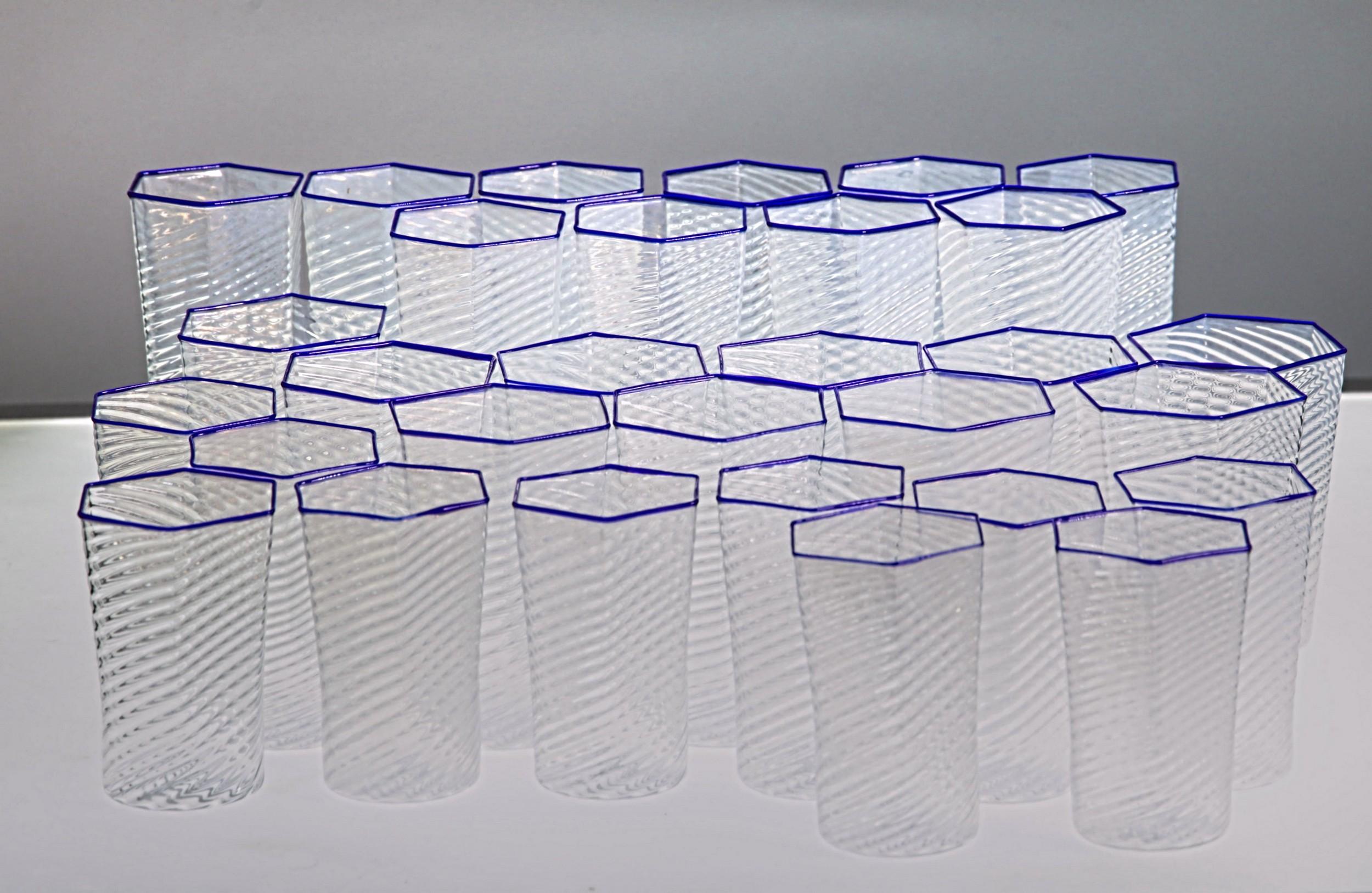 Set of 30 Hexagonal Opaline Glasses, Blue Cobalt Rim, Carlo Scarpa, 1932 Design 8