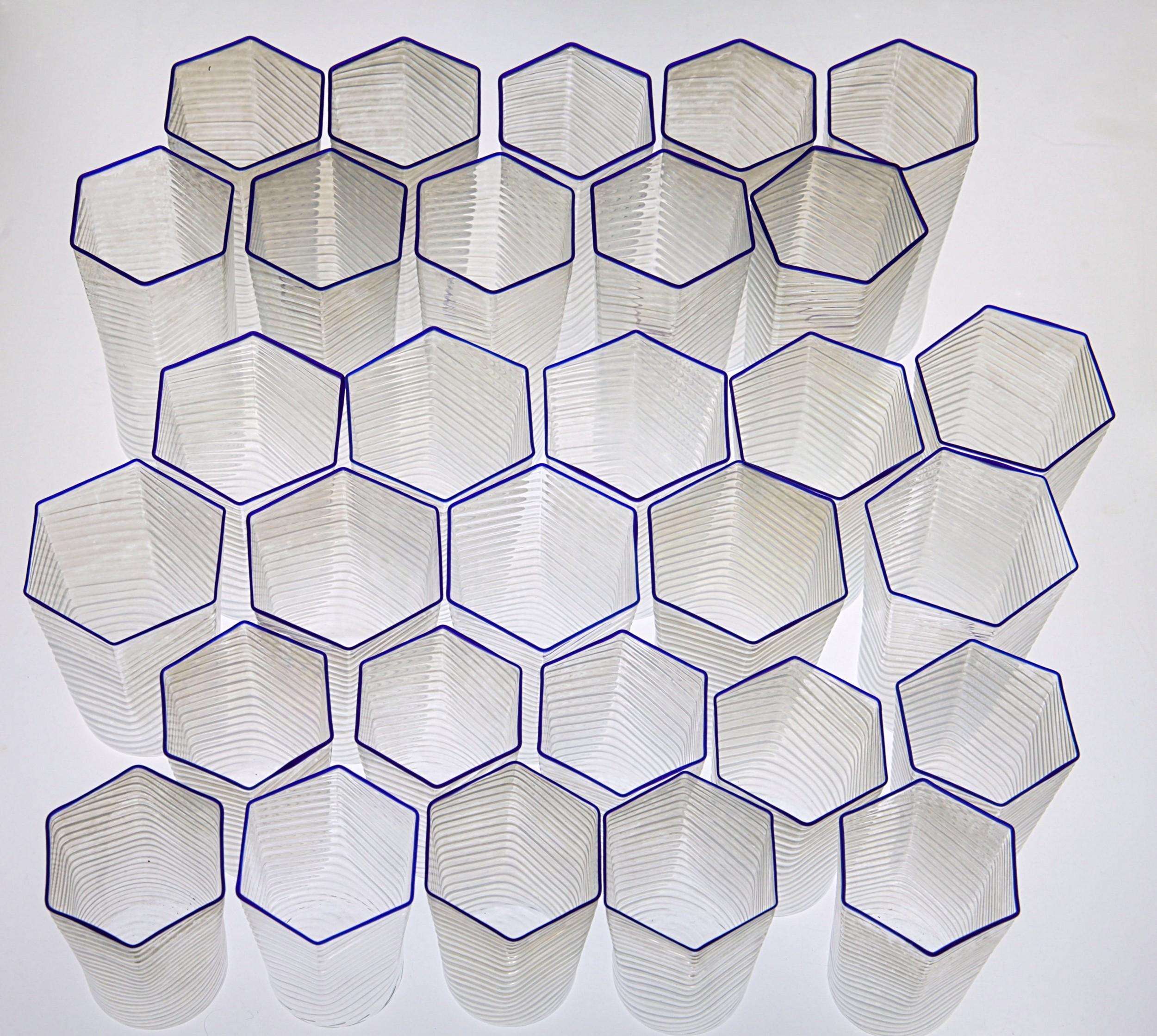 Set of 30 Hexagonal Opaline Glasses, Blue Cobalt Rim, Carlo Scarpa, 1932 Design 9