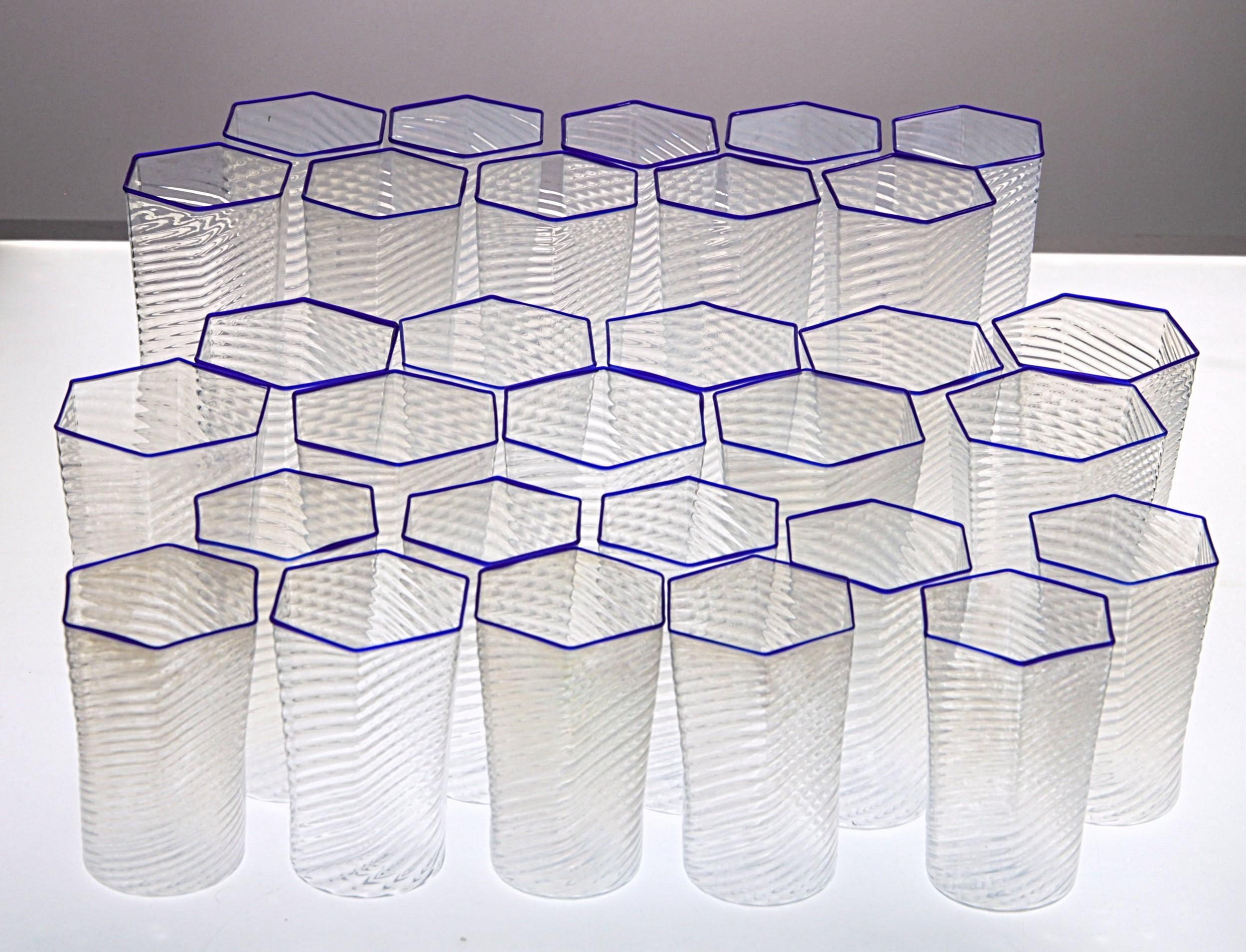 Set of 30 Hexagonal Opaline Glasses, Blue Cobalt Rim, Carlo Scarpa, 1932 Design 11