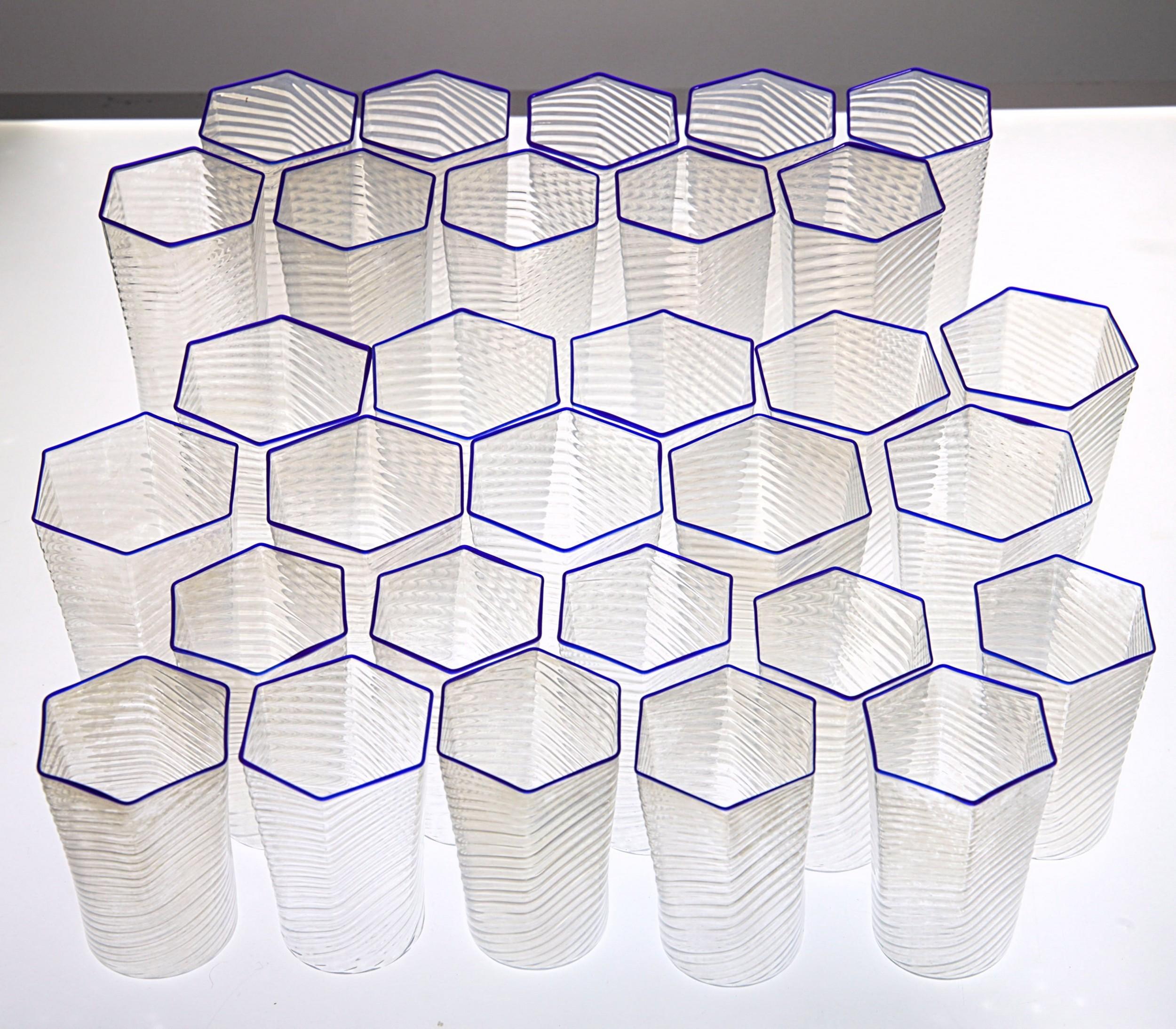 Set of 30 Hexagonal Opaline Glasses, Blue Cobalt Rim, Carlo Scarpa, 1932 Design 12