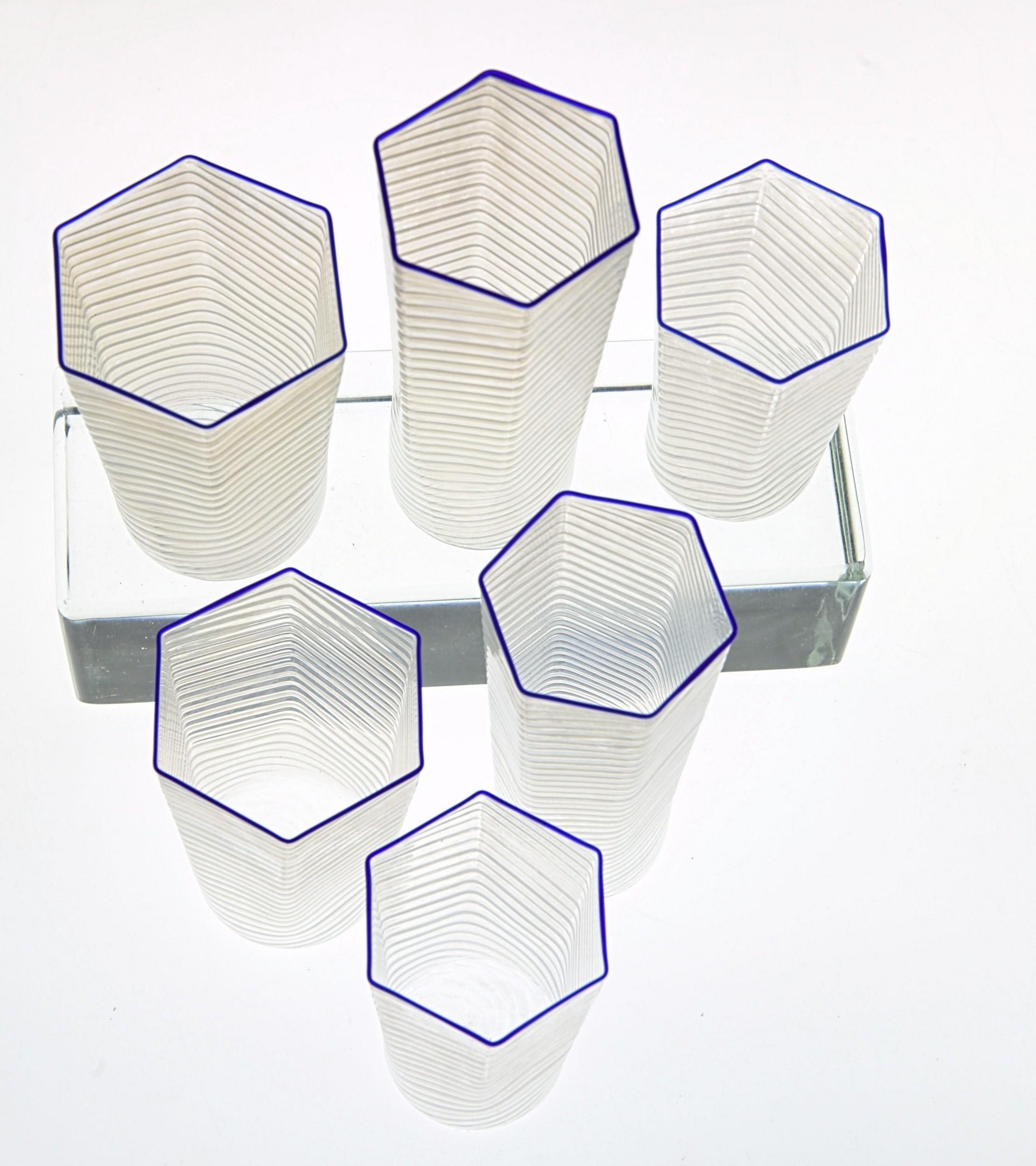 Italian Set of 30 Hexagonal Opaline Glasses, Blue Cobalt Rim, Carlo Scarpa, 1932 Design