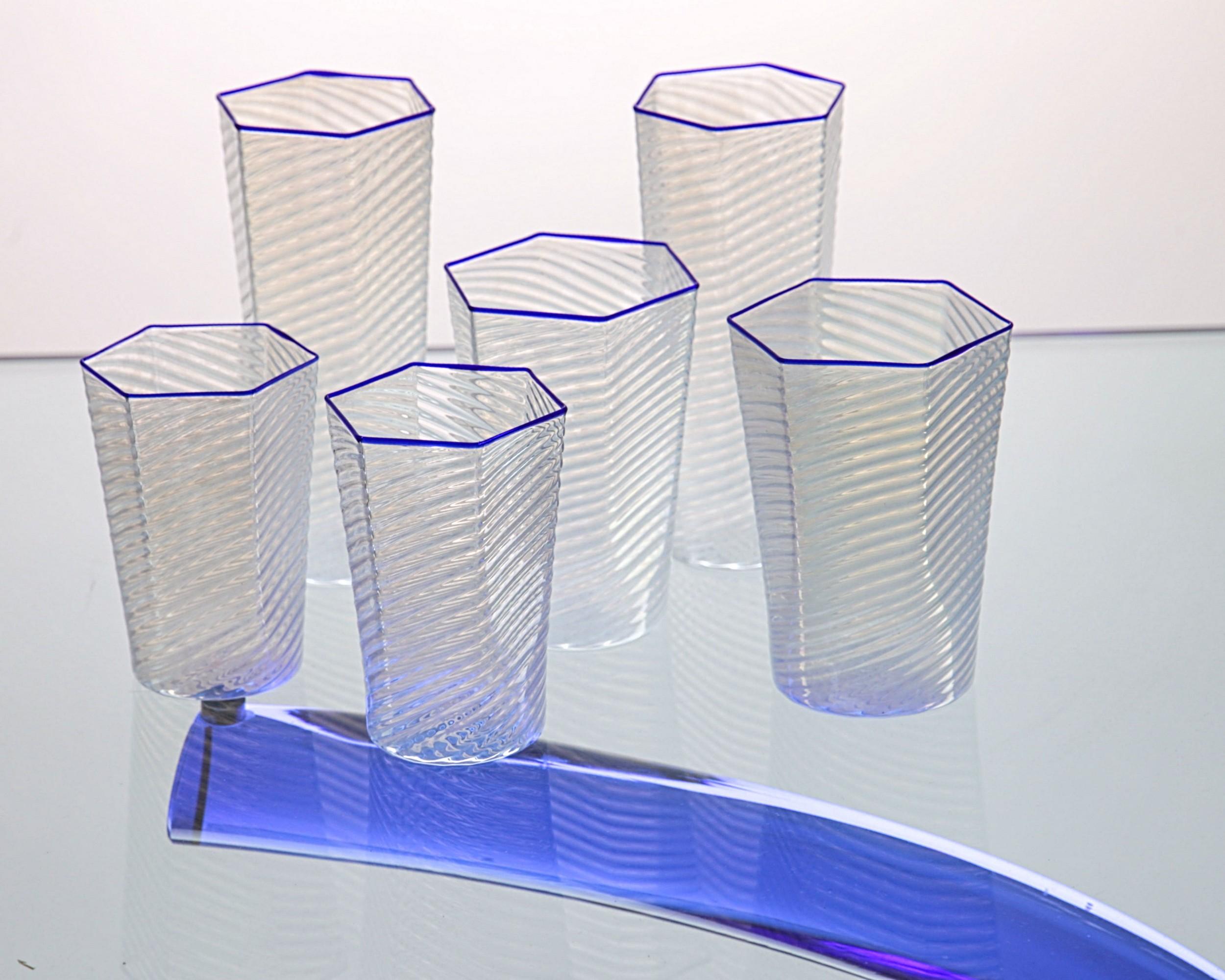 Set of 30 Hexagonal Opaline Glasses, Blue Cobalt Rim, Carlo Scarpa, 1932 Design 1