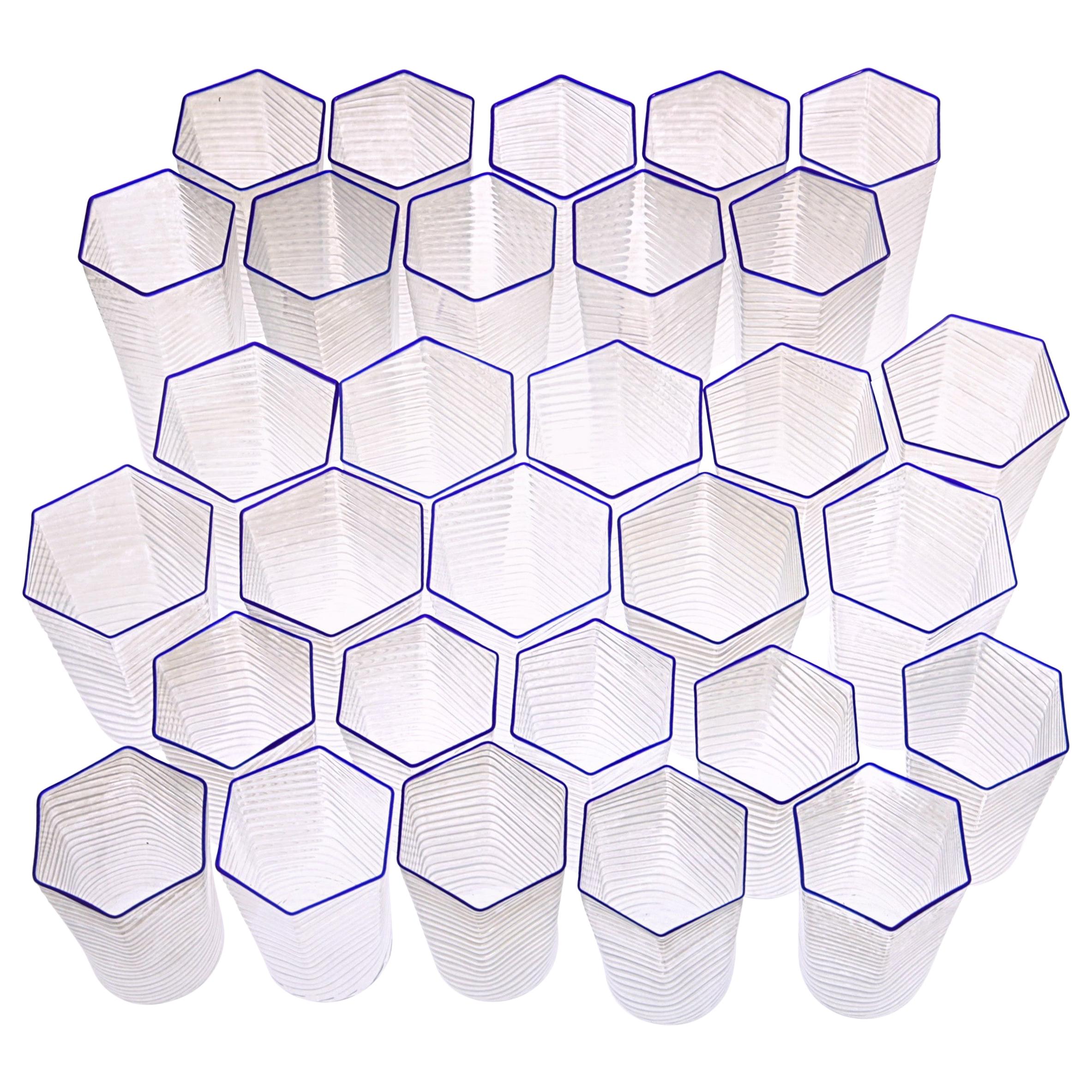 Set of 30 Hexagonal Opaline Glasses, Blue Cobalt Rim, Carlo Scarpa, 1932 Design