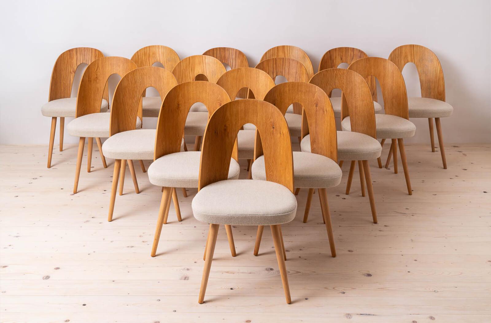Este conjunto de treinta y dos sillas de comedor vintage fue diseñado por el checo Antonin Šuman en la década de 1960. Las sillas han sido completamente restauradas y acabadas con aceite de alta calidad que les da un acabado bello y natural. Los