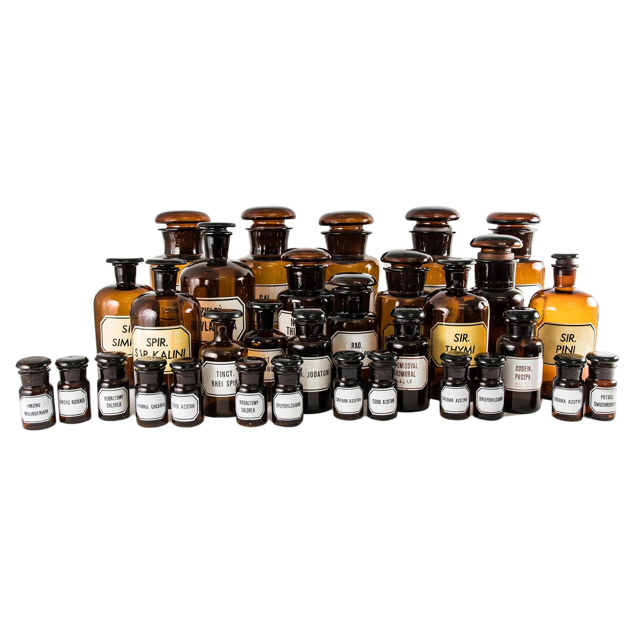 Set Of 32 Vintage Amber Apothecary Bottles and Jars, Europe For Sale