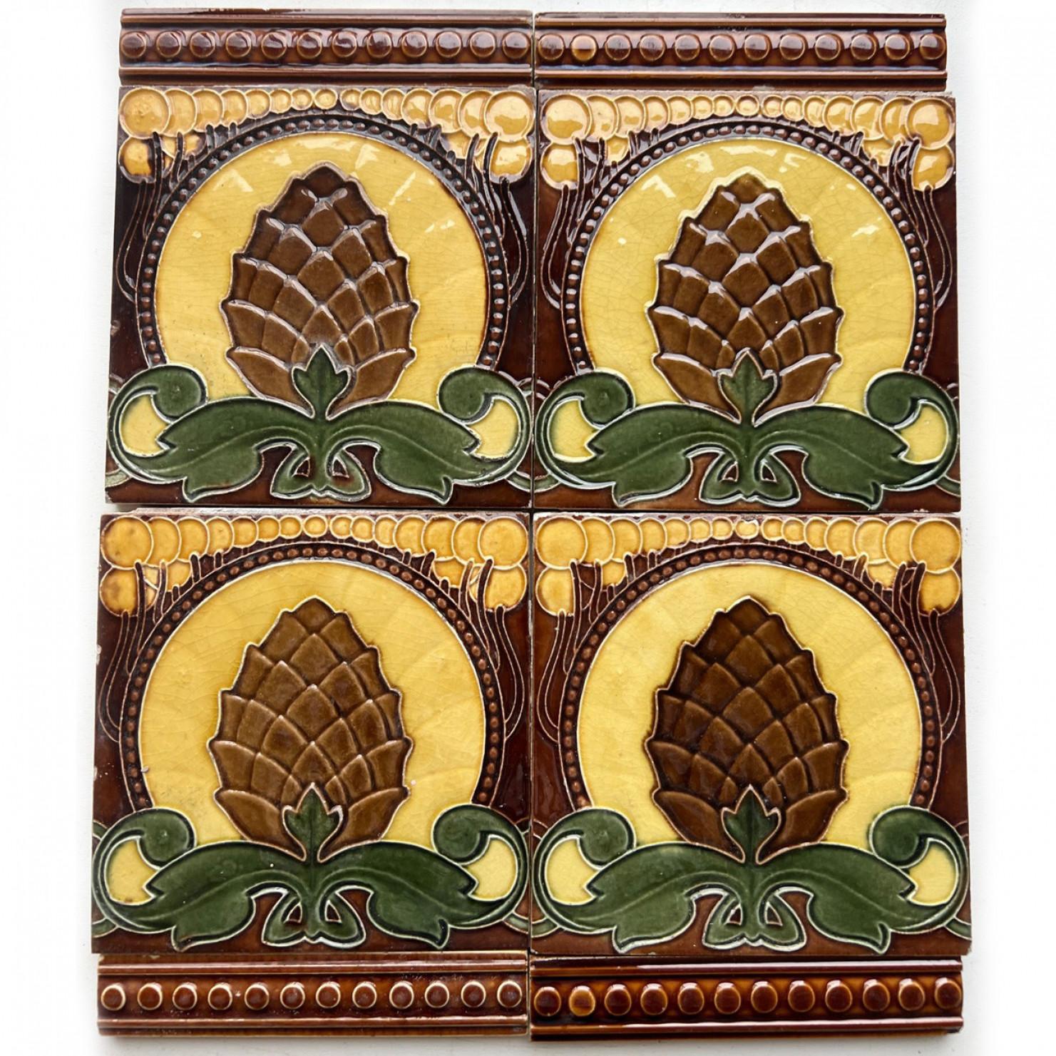 Set of 35 Pine Cone Art Nouveau Glazed Border Tiles by Le Glaive, 1920 10