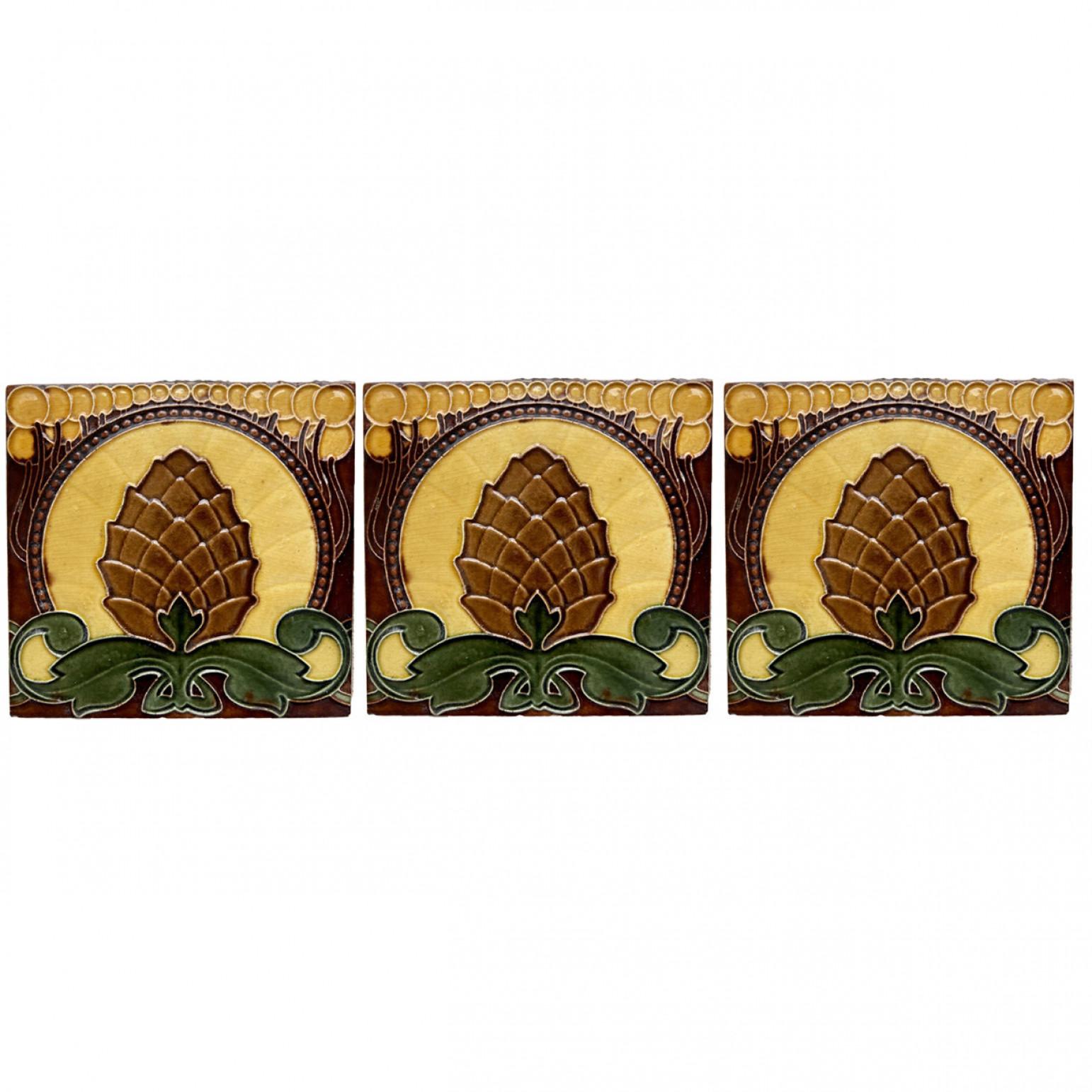 Belgian Set of 35 Pine Cone Art Nouveau Glazed Border Tiles by Le Glaive, 1920