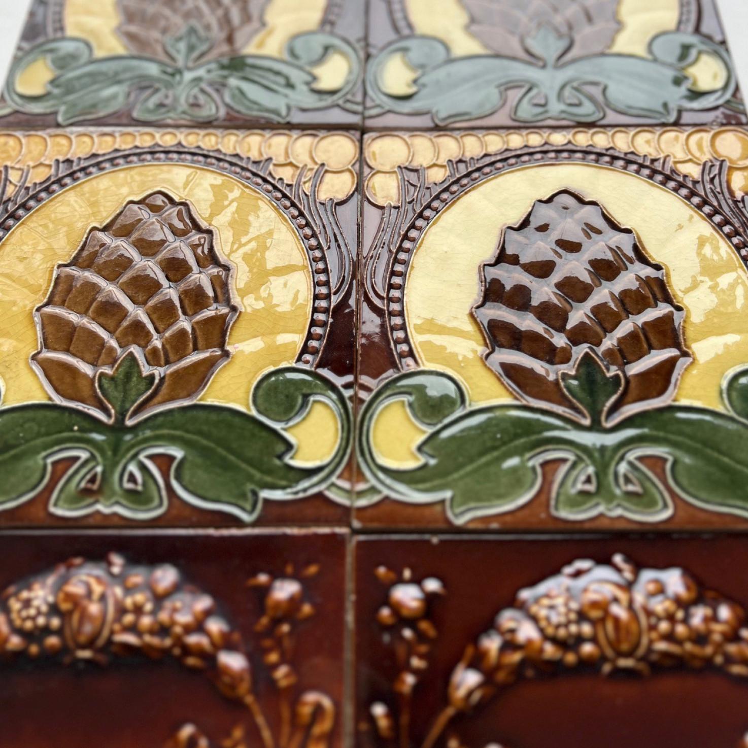 Ceramic Set of 35 Pine Cone Art Nouveau Glazed Border Tiles by Le Glaive, 1920 For Sale