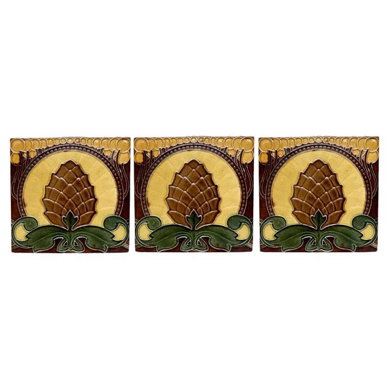Set of 35 Pine Cone Art Nouveau Glazed Border Tiles by Le Glaive, 1920