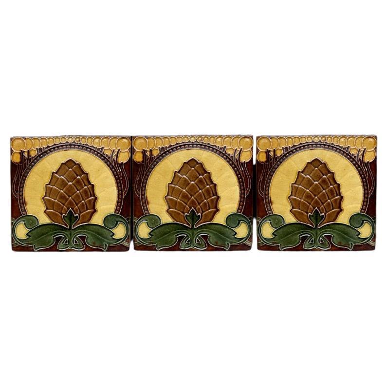 Set of 35 Pine Cone Art Nouveau Glazed Border Tiles by Le Glaive, 1920 For Sale