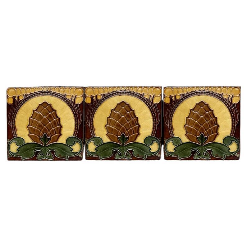 Set of 35 Pine Cone Art Nouveau Glazed Border Tiles by Le Glaive, 1920