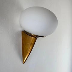 Set of 3"Lancia" Wall Sconces in Brass and Opaline Glass by Stilux Milano, 1960s
