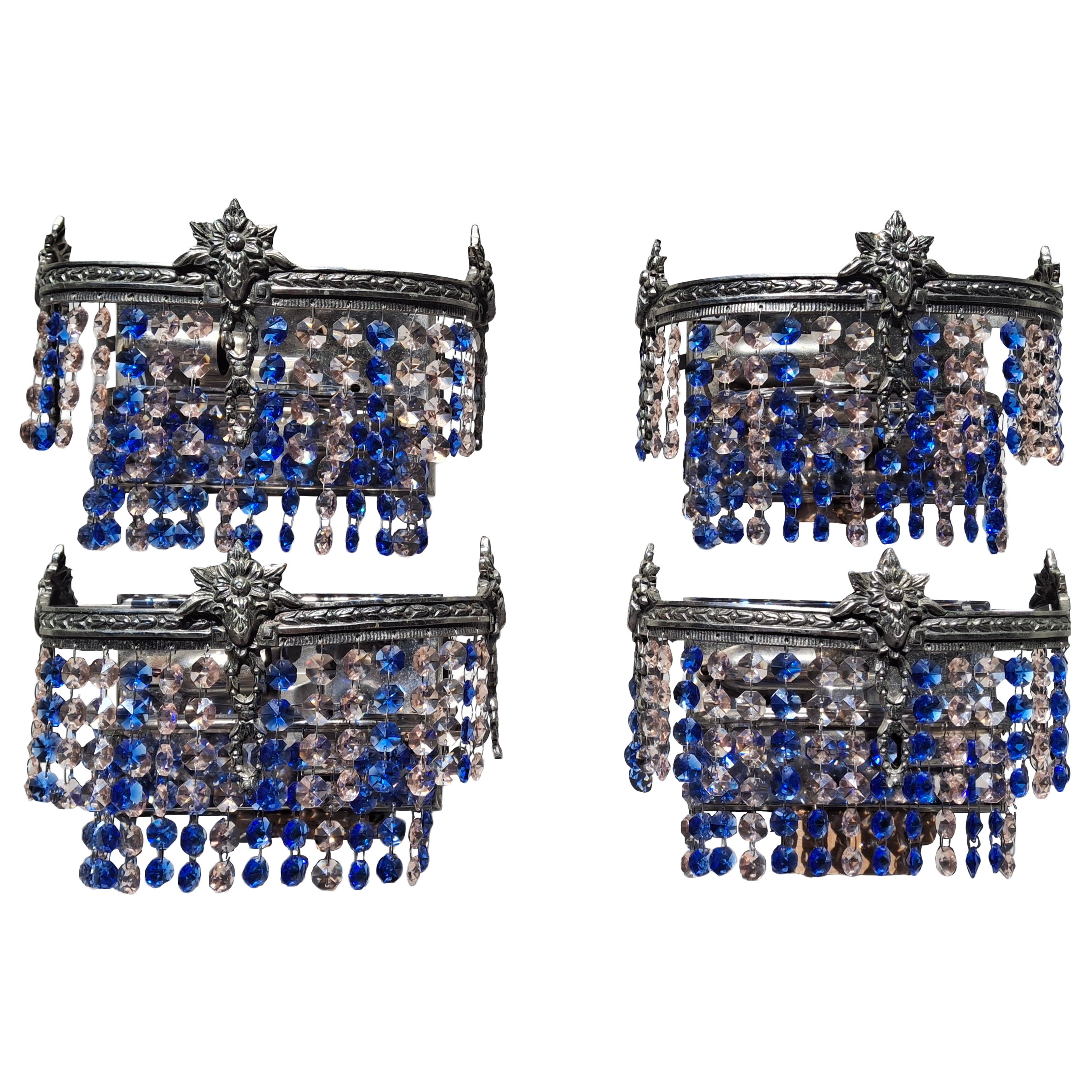 Set of 4 1920s Austrian Sapphire and Pale Pink Cut Crystal Sconces attrib. Palwa For Sale