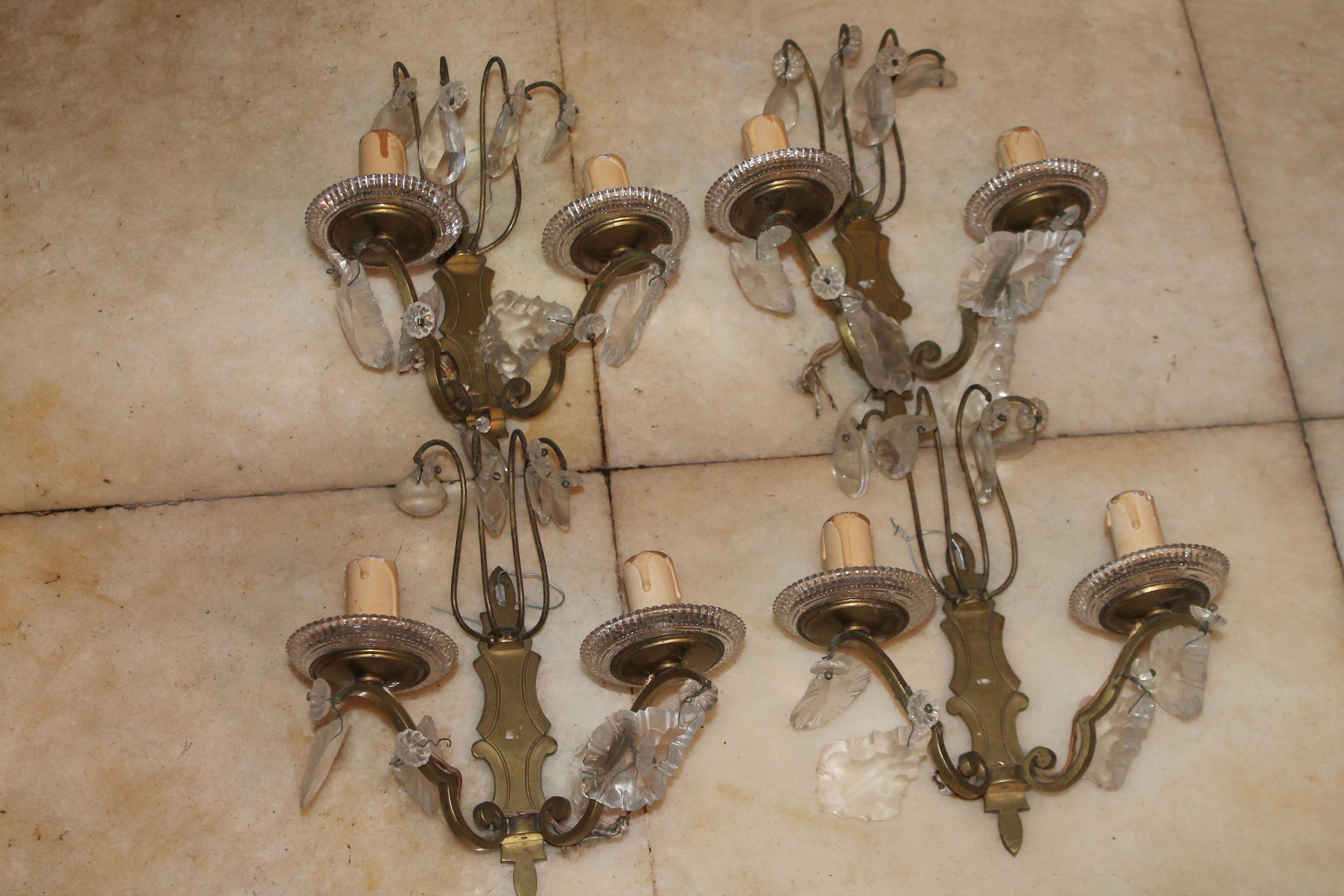 Set of 4 c1920'sFrench Louis XV Bronze Wall Sconces. Cut crystal adorned.