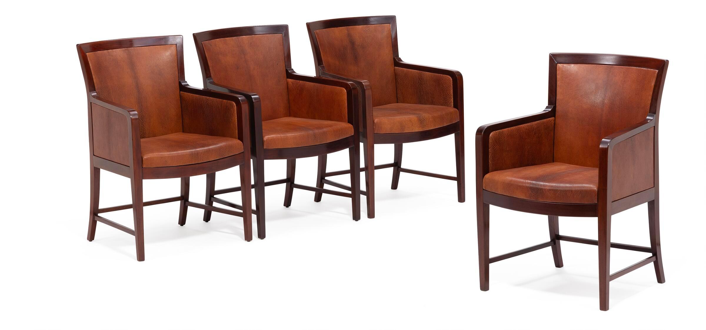 Scandinavian Modern Set of 4, 1930s Kaj Gottlob Solid Hardwood & Niger Leather Armchairs For Sale