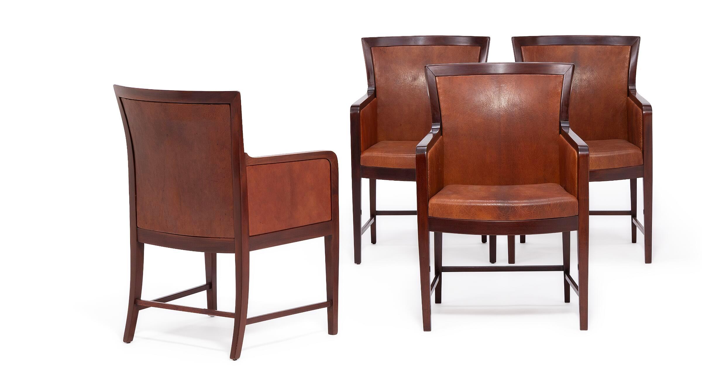 Danish Set of 4, 1930s Kaj Gottlob Solid Hardwood & Niger Leather Armchairs For Sale