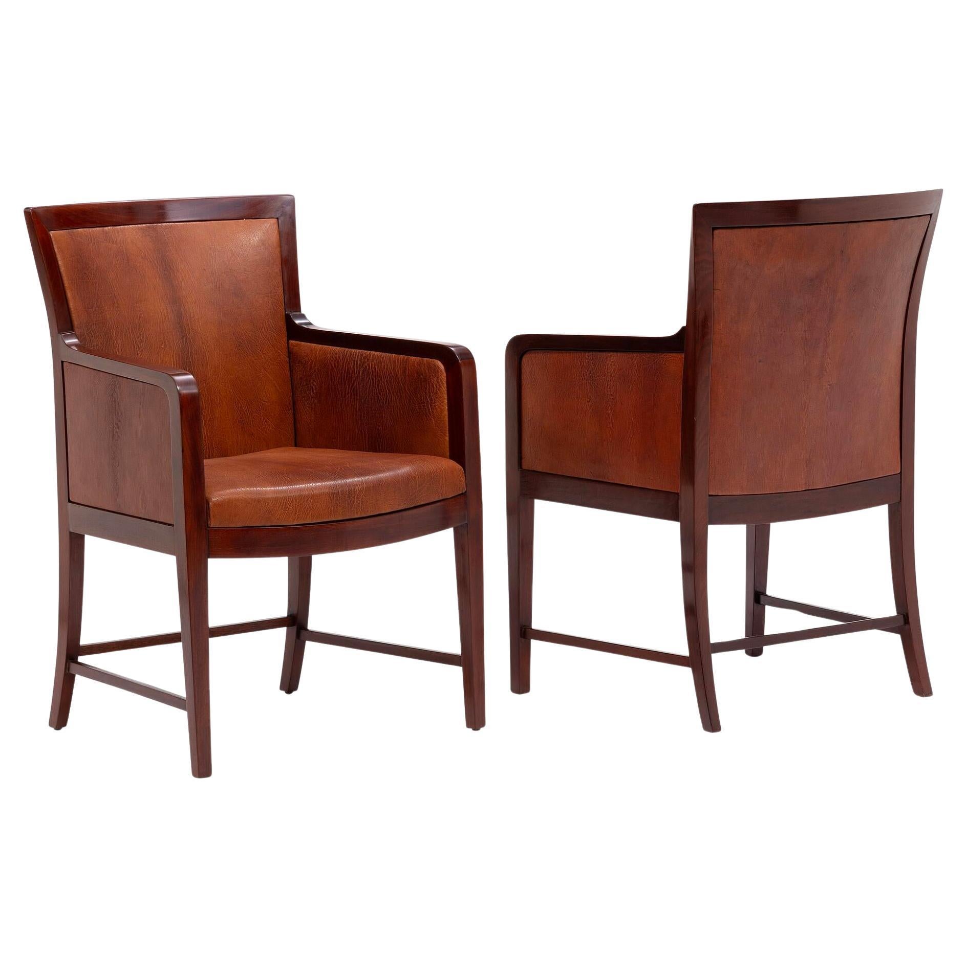 Set of 4, 1930s Kaj Gottlob Solid Hardwood & Niger Leather Armchairs