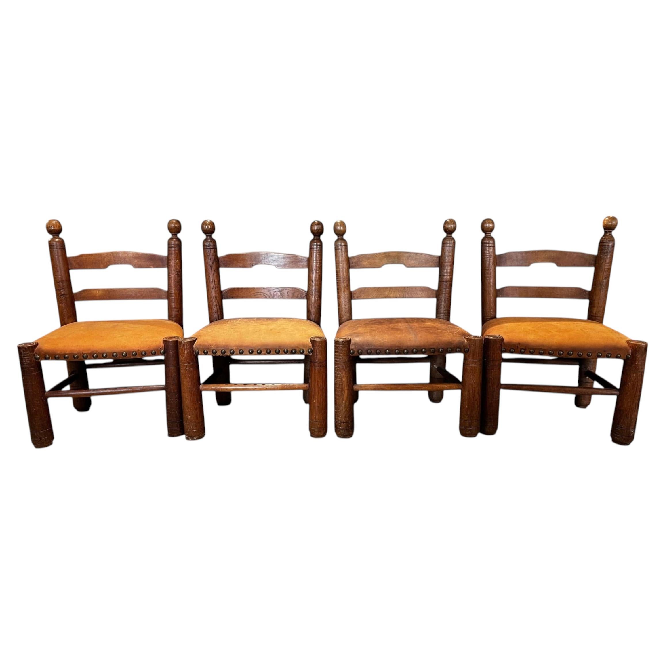 Set of 4 1930s Oak Chairs by Charles Dudouyt with Leather Upholstery