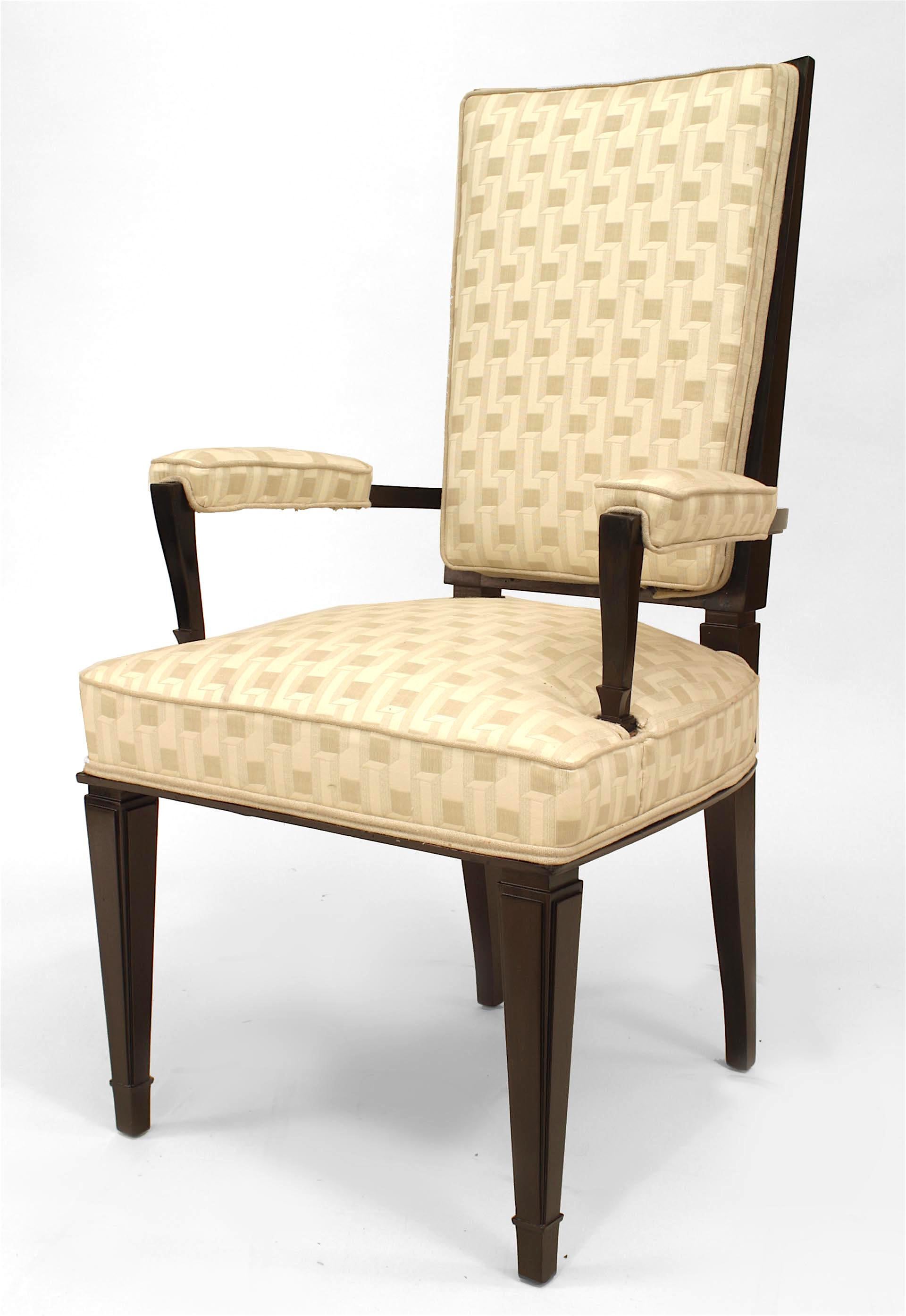 Set of 4 French 1940s ebonized high back open arm chairs with geometric design upholstery (att: DOMINIQUE)
