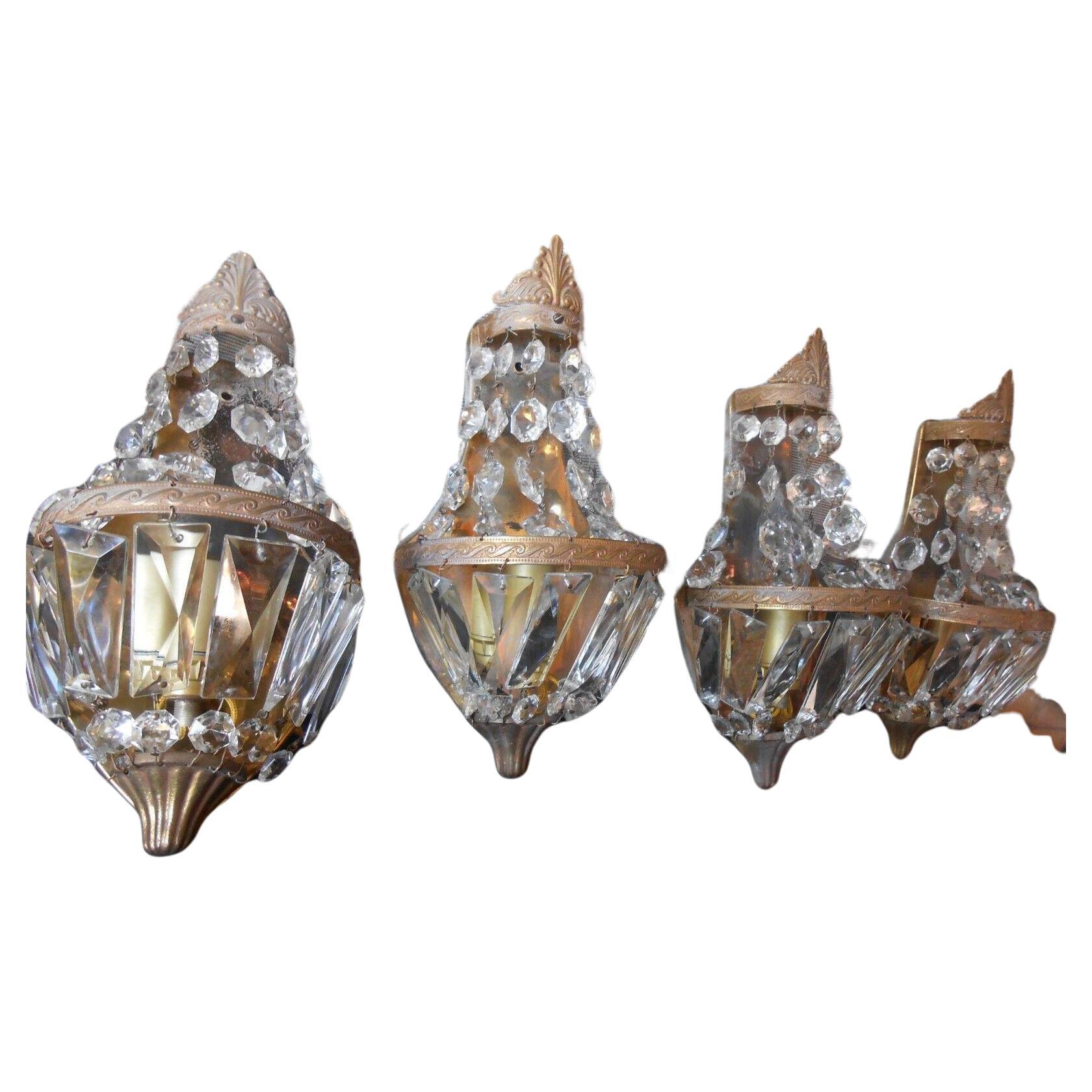 Set of 4 1940's French Empire style Bronze / Glass Bag/ Tent Wall Sconces For Sale