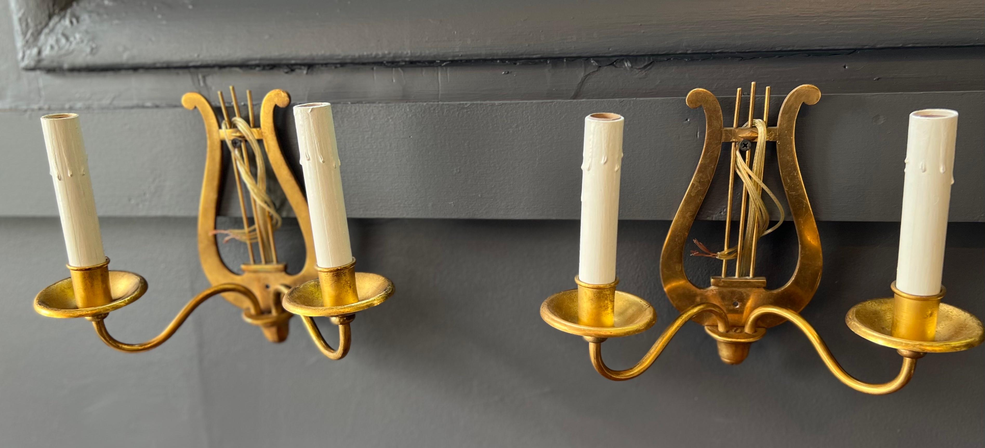 Set of 4 1940's French gilt metal candle sconces with wooden faux candles For Sale 7