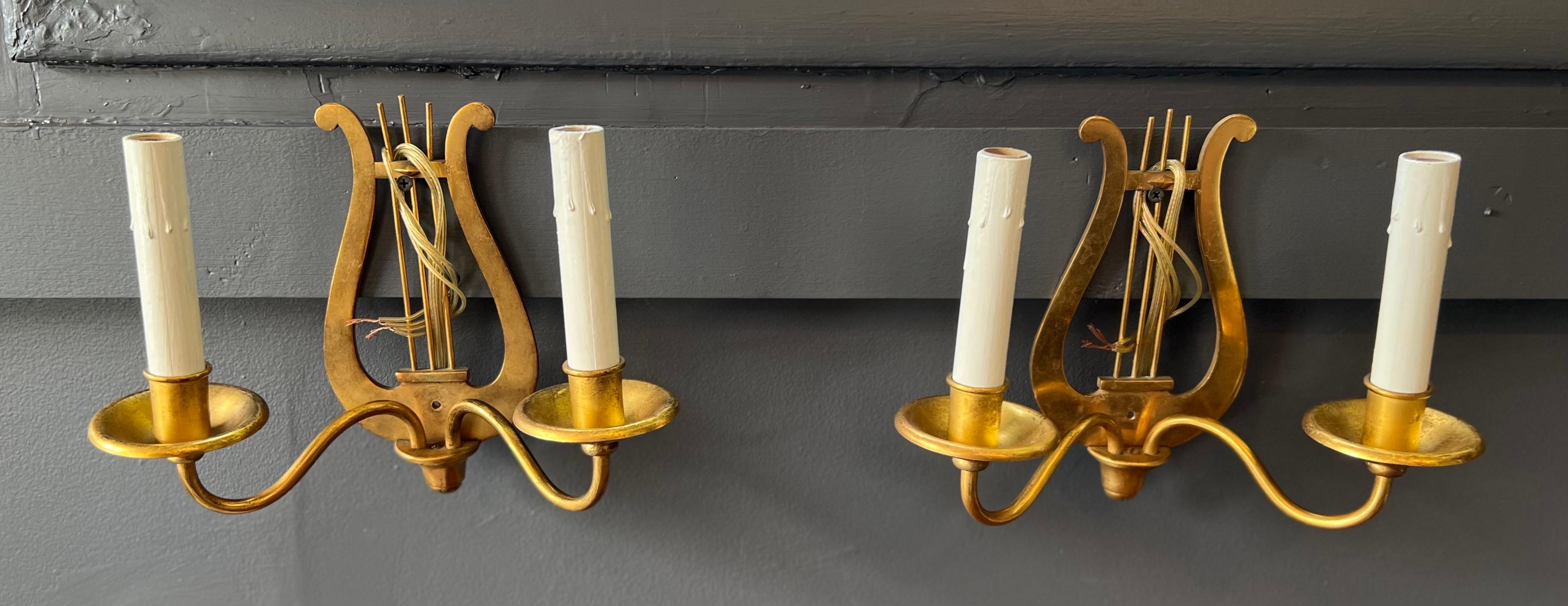Set of 4 1940's French gilt metal candle sconces with wooden faux candles For Sale 8