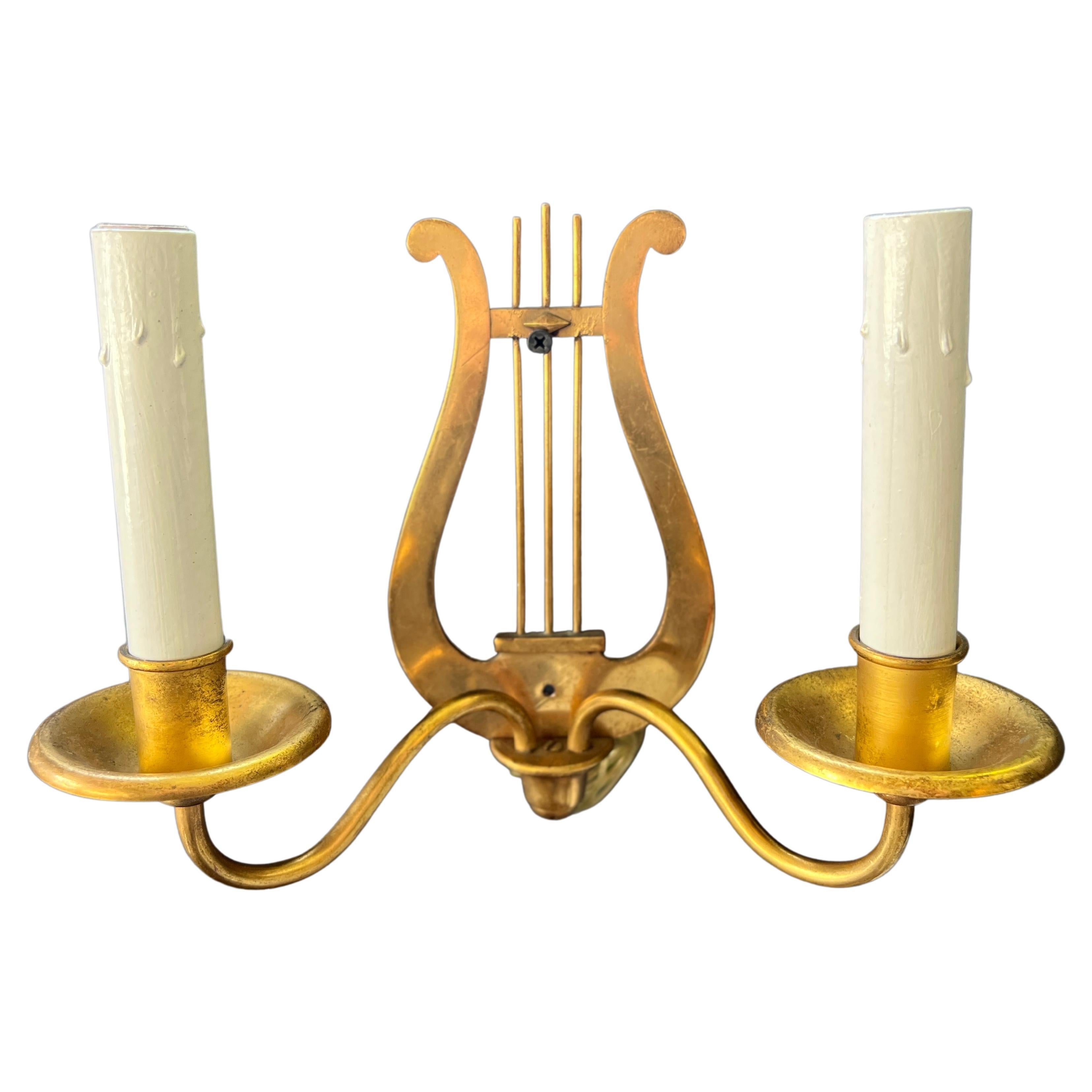 Set of 4 1940's French gilt metal candle sconces with wooden faux candles For Sale