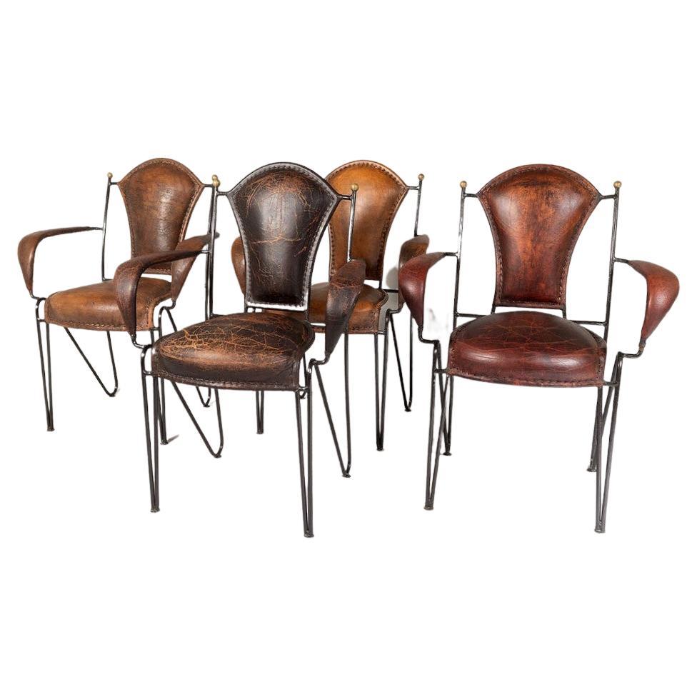 Set of 4 1950s French Jacques Adnet Iron Frame With Stitched Leather Armchairs