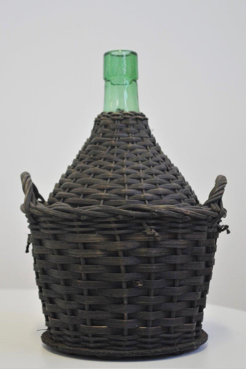 Set of 4 1950s Green Glass Decanters with Straw - Rustic Charm For Sale 7