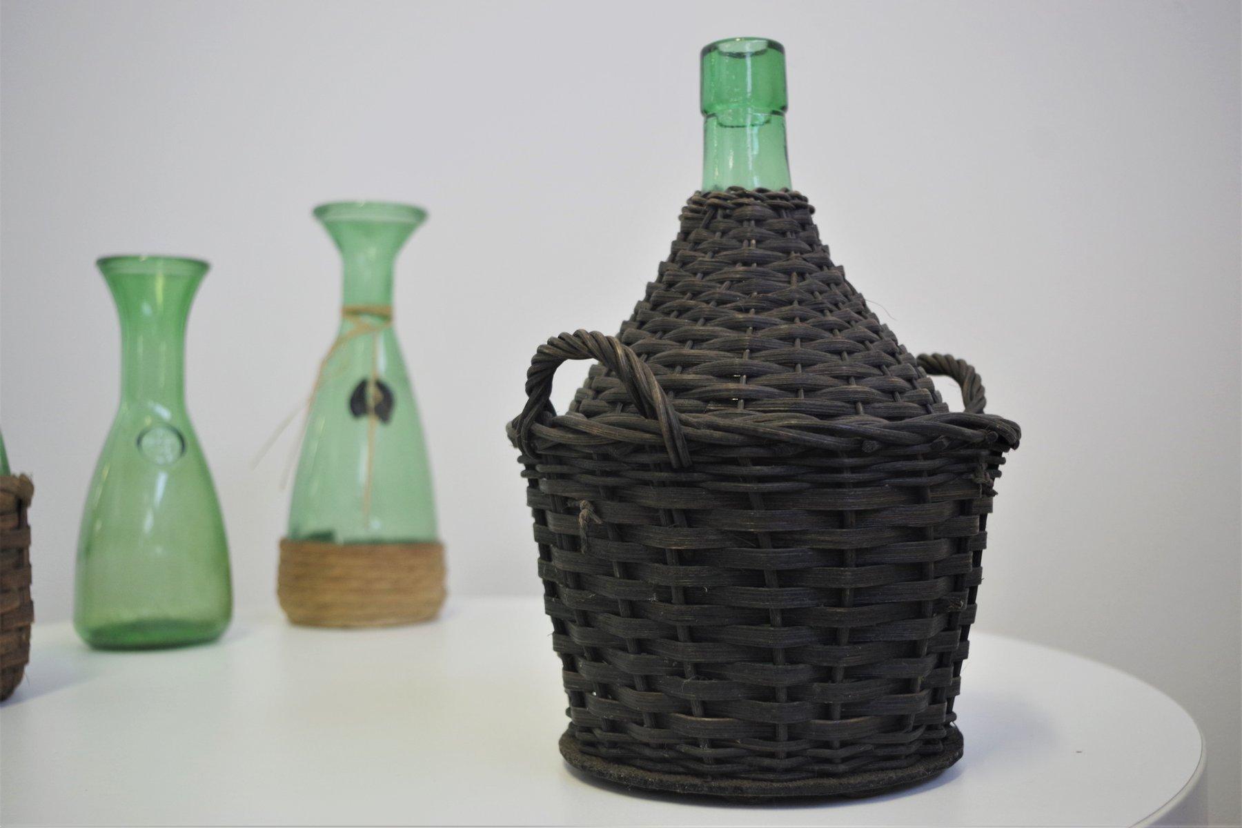 Set of 4 1950s Green Glass Decanters with Straw - Rustic Charm For Sale 8